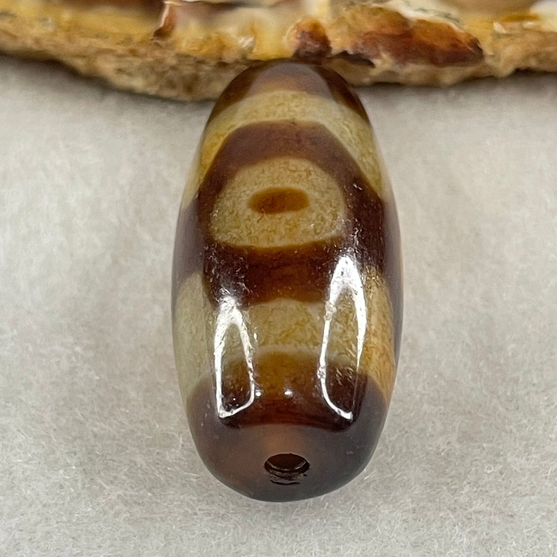 Natural Powerful Tibetan Old Oily Agate 3 Eyes Dzi Bead Heavenly Master (Tian Zhu) 三眼天诛 9.46g 30.0 by 14.3mm - Huangs Jadeite and Jewelry Pte Ltd