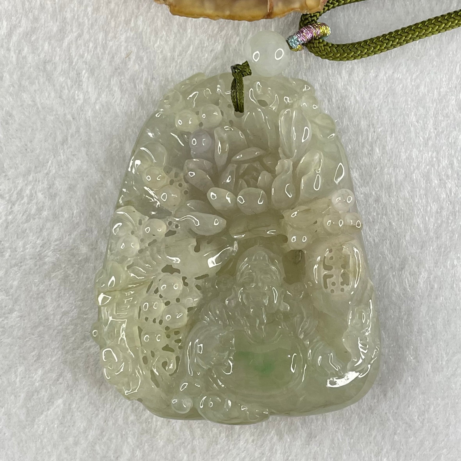 Grandmaster Type A Faint Lavender with Light Green Jadeite Cai Shen Ye with Prosperity Flowers and Bird 天宫赐福 Pendant 62.62g 56.88 by 46.94 by 13.07mm With NGI Cert 82838783 - Huangs Jadeite and Jewelry Pte Ltd