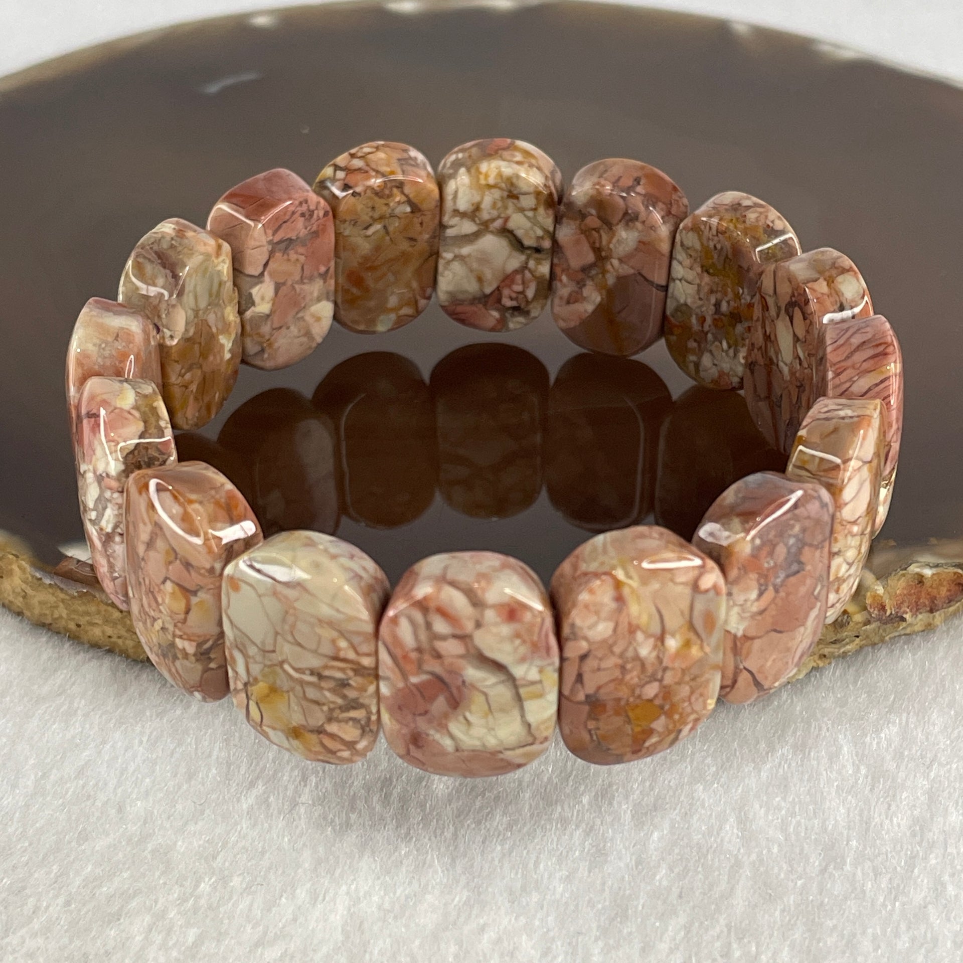 Certified Natural Alashan Agate Pink Shou Pai Bracelet 53.325g 17.5cm 20.3mm 16pcs - Huangs Jadeite and Jewelry Pte Ltd