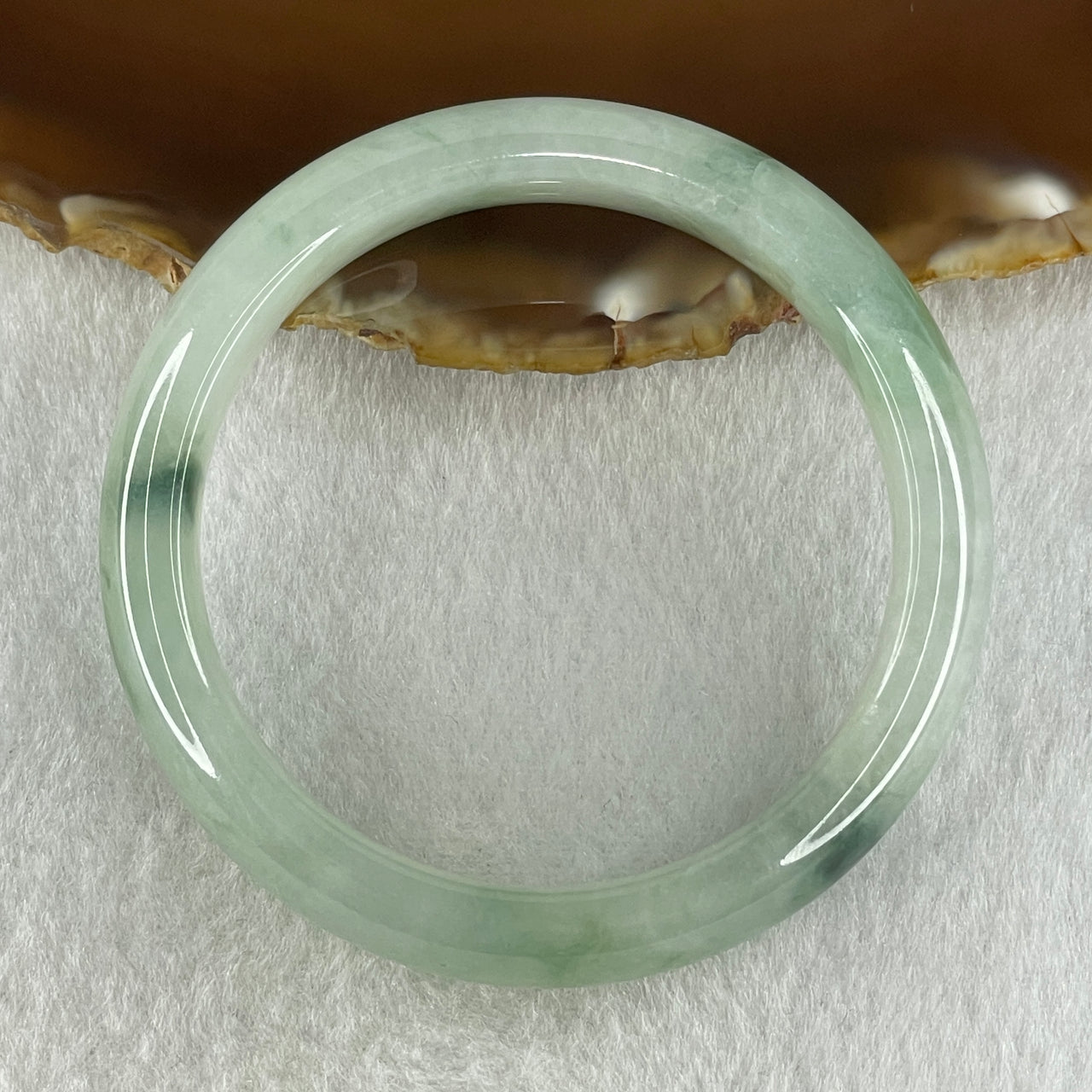 Type A Natural Jelly Light Green with Blueish Green Flora Piao Hua Jadeite Bangle 44.63g Inner Diameter 50.7mm 12.3 by 8.3mm (Internal Lines) - Huangs Jadeite and Jewelry Pte Ltd
