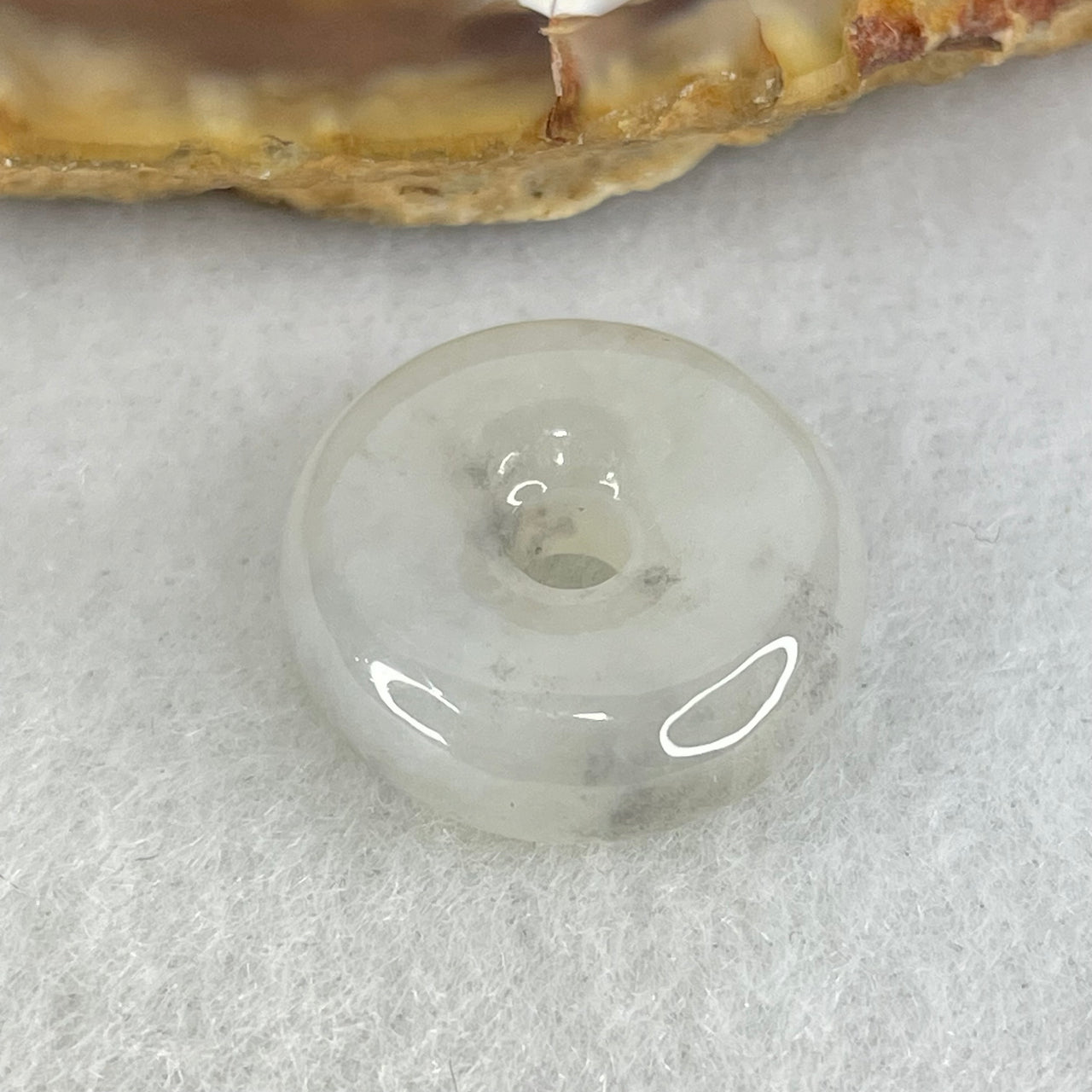 Type A Semi Icy Faint Lavender Green With Wuji Grey Piao Hua Jadeite Ping An Kou Donut Pendant 3.26g 16.2 by 6.1mm - Huangs Jadeite and Jewelry Pte Ltd