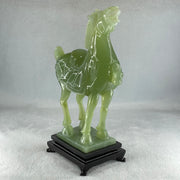 Natural Green Serpentine Horse with Wooden Stand Display 1640.4g 155.1 by 94.8 by 260.0mm - Huangs Jadeite and Jewelry Pte Ltd