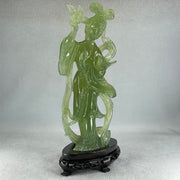 Natural Green Serpentine Fairy with Bird and Flower with Wooden Stand Display 697.8g 118.0 by 257.0 by 75.0mm - Huangs Jadeite and Jewelry Pte Ltd