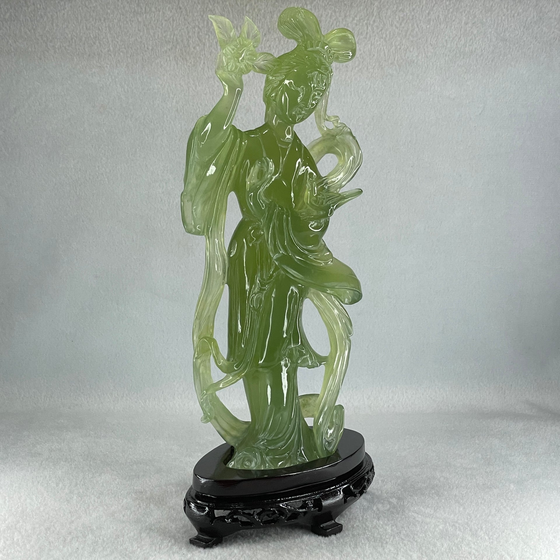 Natural Green Serpentine Fairy with Bird and Flower with Wooden Stand Display 697.8g 118.0 by 257.0 by 75.0mm - Huangs Jadeite and Jewelry Pte Ltd