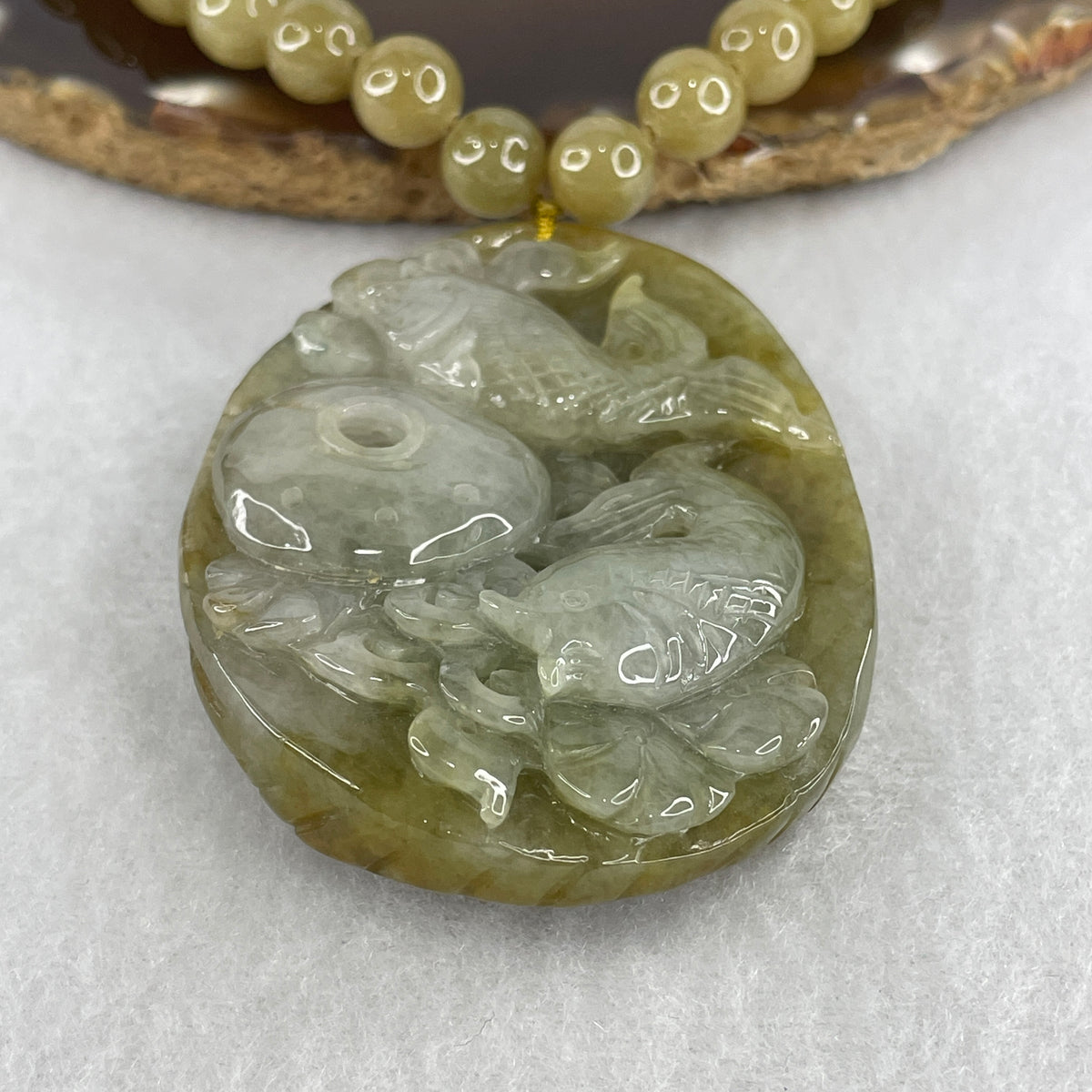 Natural Type A Brownish & Green Jadeite Double Carp Fish with Prosperity Flowers Pendant Necklace | 62cm 78 Beads 8.5mm Brownish Jadeite Beads (151.51g | 63.1×46.2×16.0mm | Earth Element Stability, Abundance & Wealth Overflow Shield)