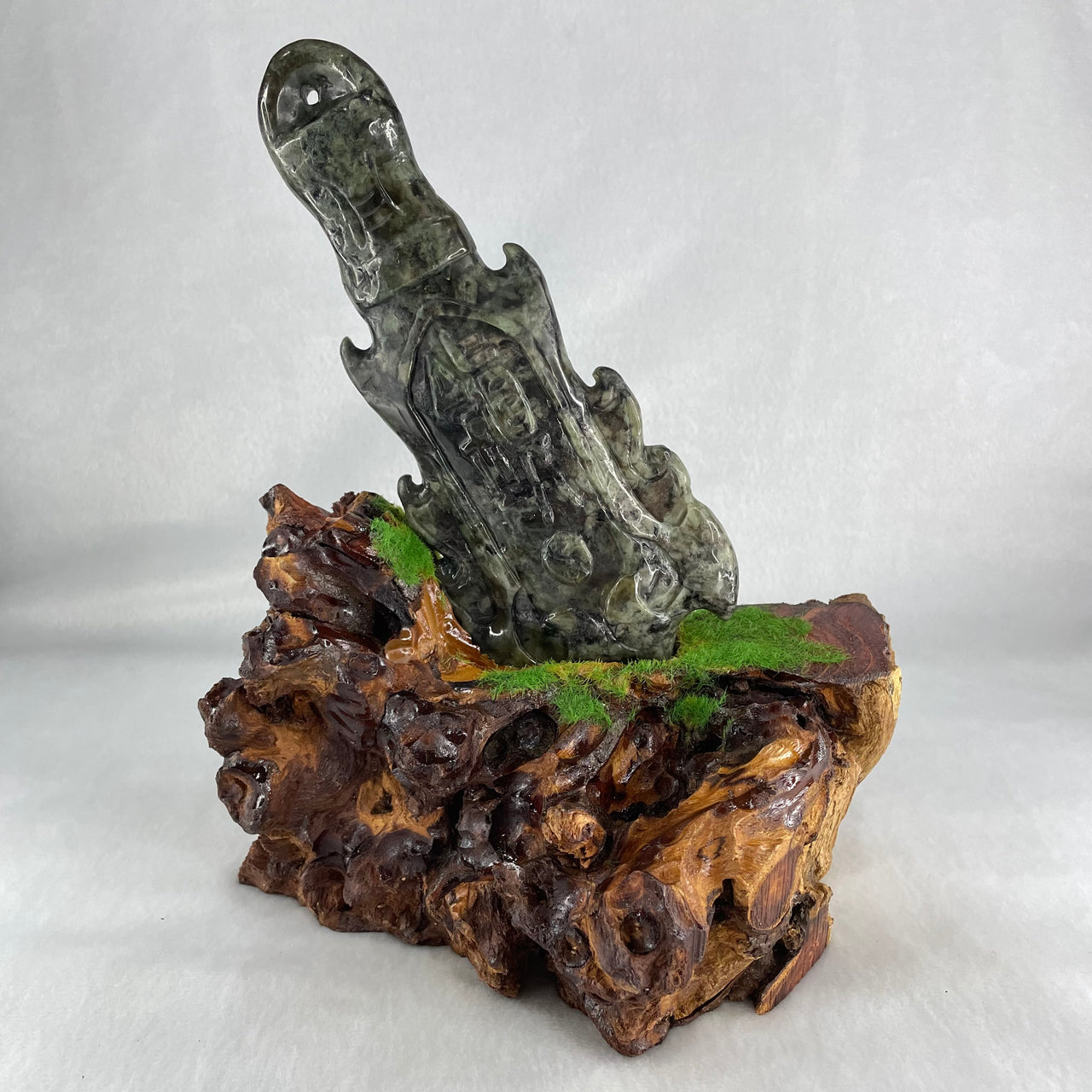 Type A Green with Dark Green to Black Piao Hu Flora Jadeite Axe with Yin and Yang 320.38g with Wooden Stand Display Total 904.5g 170.0 by 124.0 by 195.0mm - Huangs Jadeite and Jewelry Pte Ltd