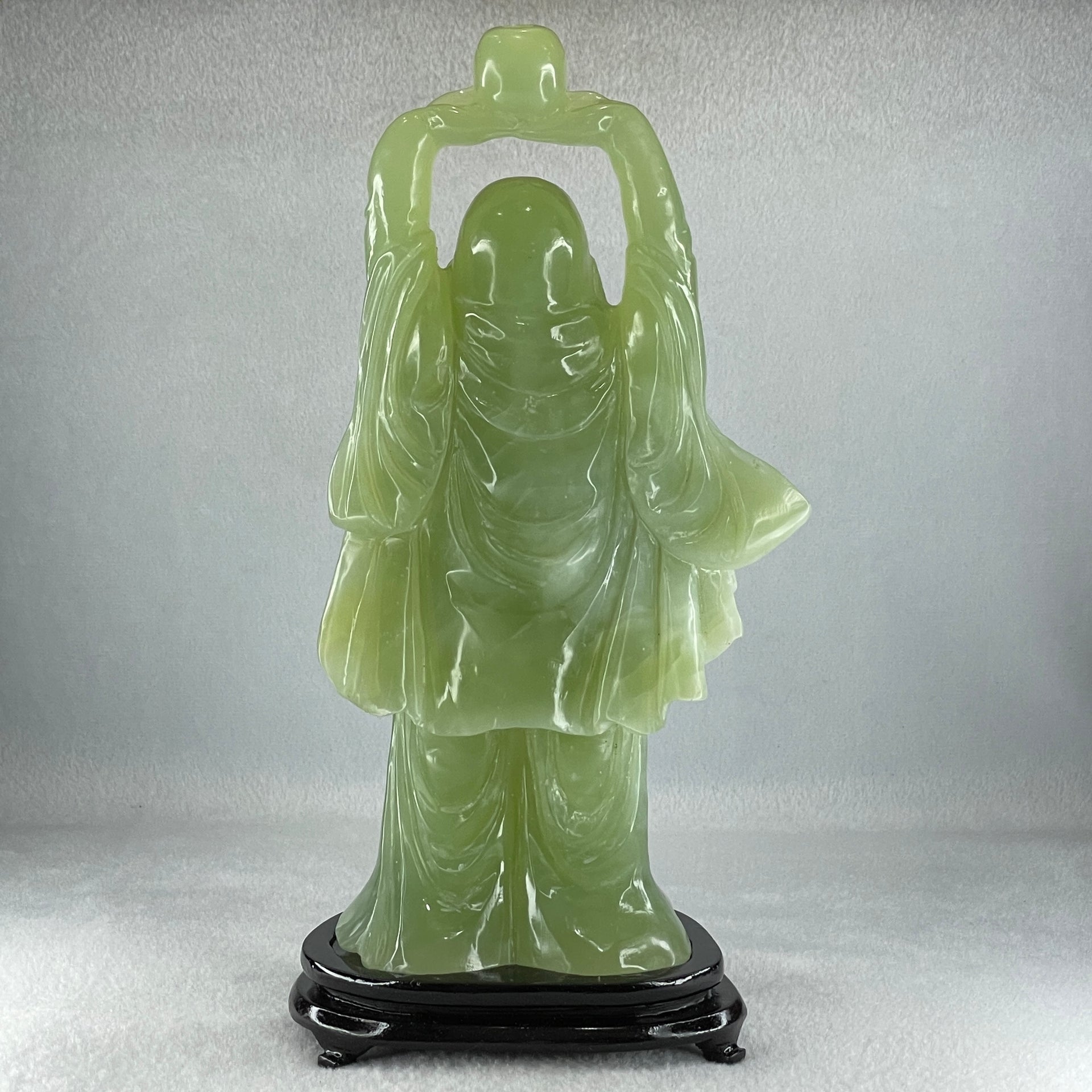 Natural Green Serpentine Stand Laughing Milo Buddha with Wealth Pot with Wooden Stand Display 1,599.3g 140.0 by 90.0 by 270.0mm - Huangs Jadeite and Jewelry Pte Ltd