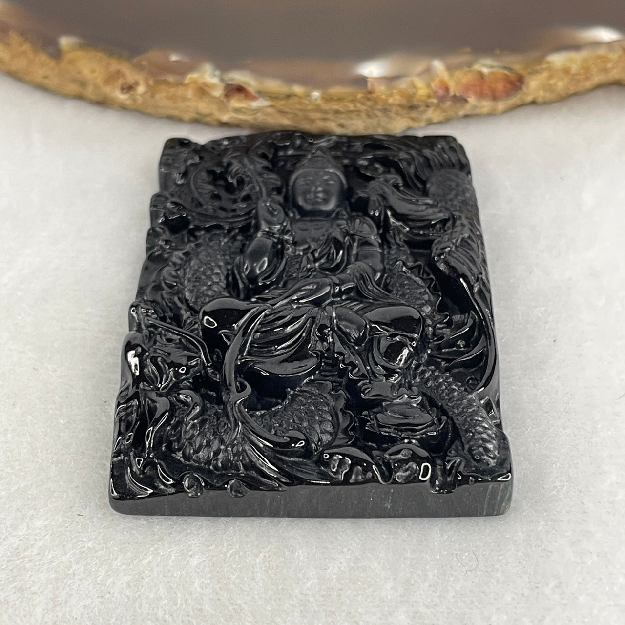 Certified Type A Opaque Black Omphacite Jadeite Mahasthamaprapta Bodhisattva on Dragon & Rooster Pendant | Great Strength, Imperial Dragon & Rooster Zodiac Protection Talisman (30.54g | 62.4 x 41.3 x 7.5mm)