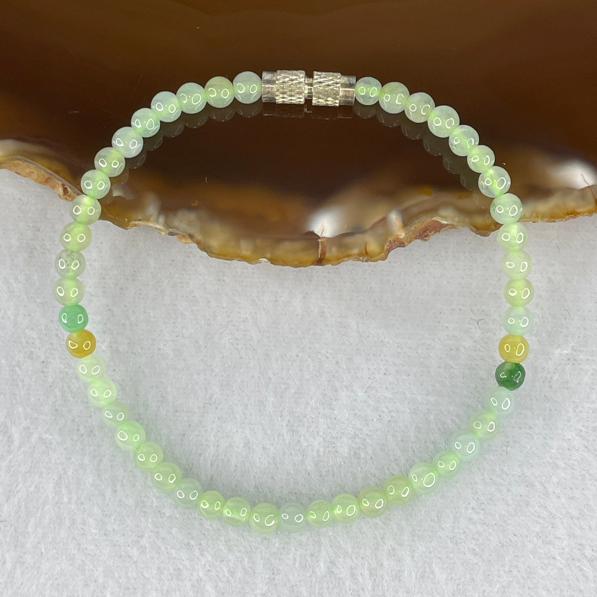 Natural Type A Icy Light Green Jadeite Bracelet | 16cm Opening 3.9mm Round Tricolor Yellow & Dark Green Jade Bead Stackable Strand (5.00g, 48 Beads)