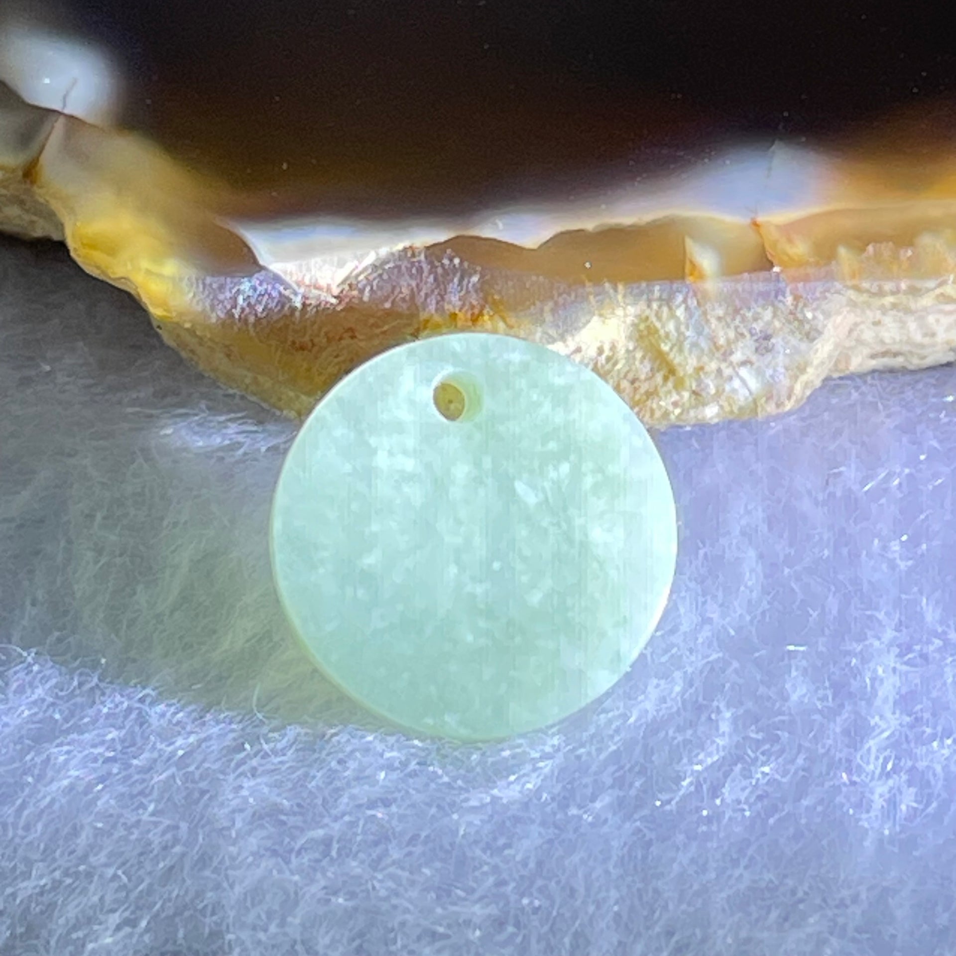 Type A Blueish Green Jadeite Mini Round Wu Shi Pai Pendant 1.18g 13.8 by 2.5mm - Huangs Jadeite and Jewelry Pte Ltd