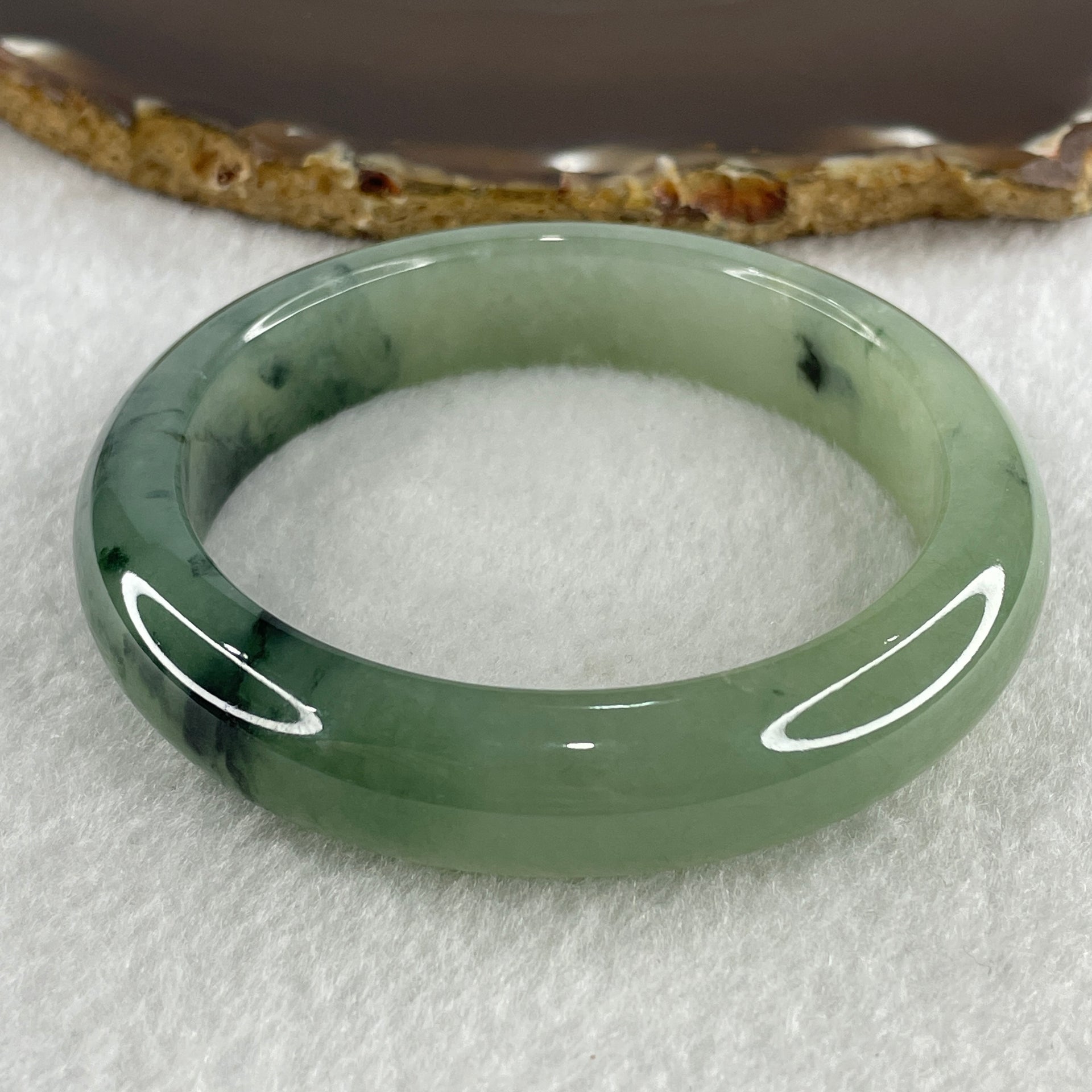 Certified Type A Natural Semi Icy Light Green with Dark Green Fluorite Piao Hua Jadeite Bangle 66.27g Inner Diameter 57.6mm 13.8 by 9.2mm (Very Very Slight Internal Line) - Huangs Jadeite and Jewelry Pte Ltd