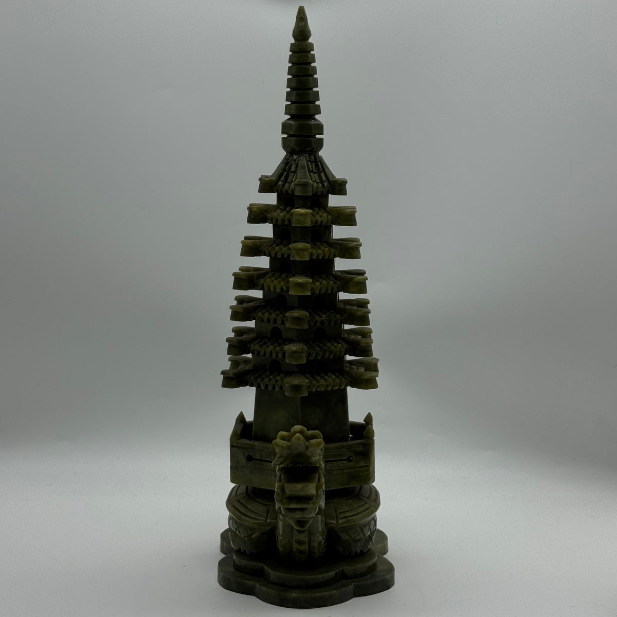 Natural Green Serpentine Pagoda on Dragon Turtle Carving Display | Certified Untreated Gemstone Sculpture (3,104.3g | 240.0 x 115.0 x 365.0mm)