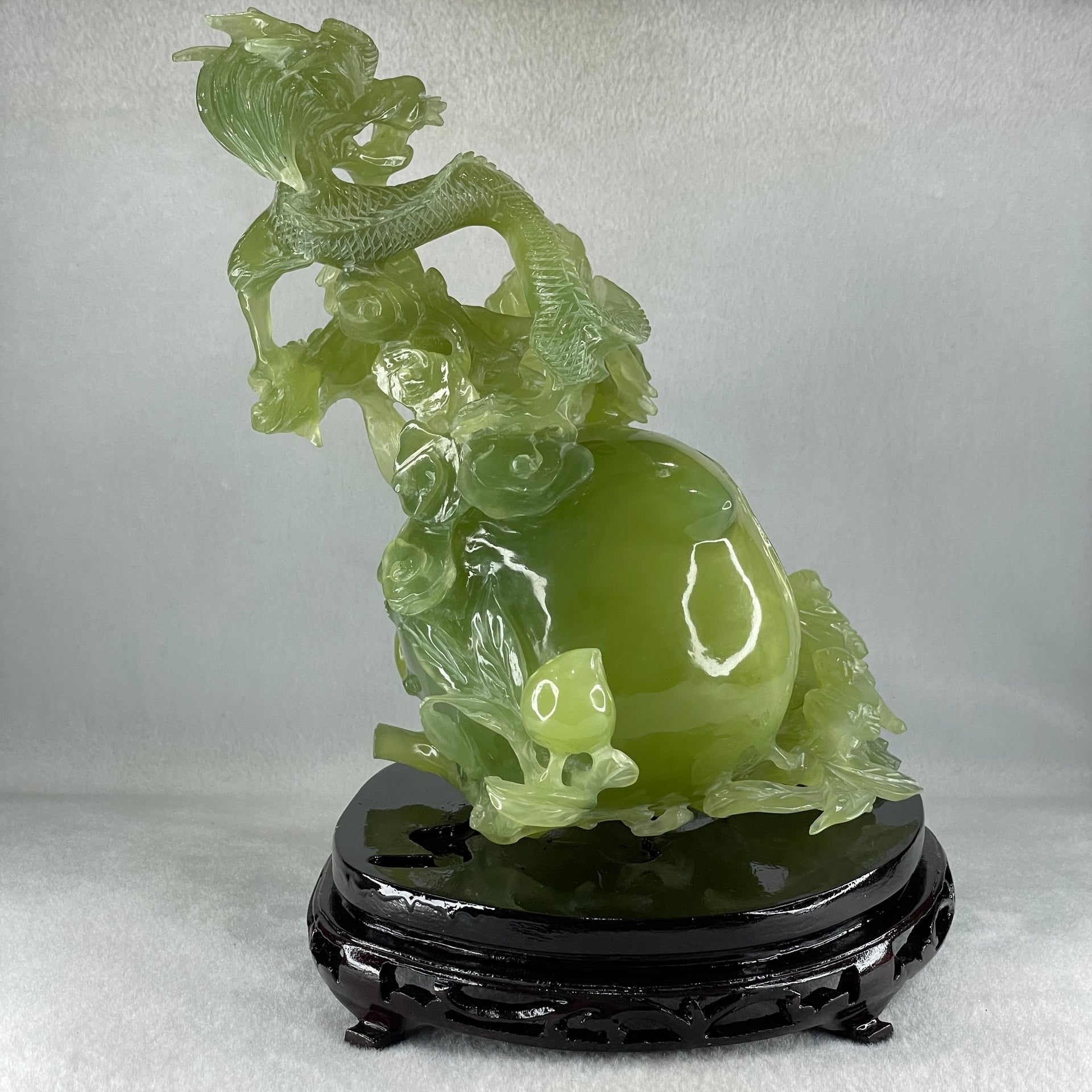 Natural Green Serpentine Dragon with Shou Xing Gong and Tong Zi with Wooden Stand Display 2610.6g 200.0 by 175.0 by 215.0mm - Huangs Jadeite and Jewelry Pte Ltd
