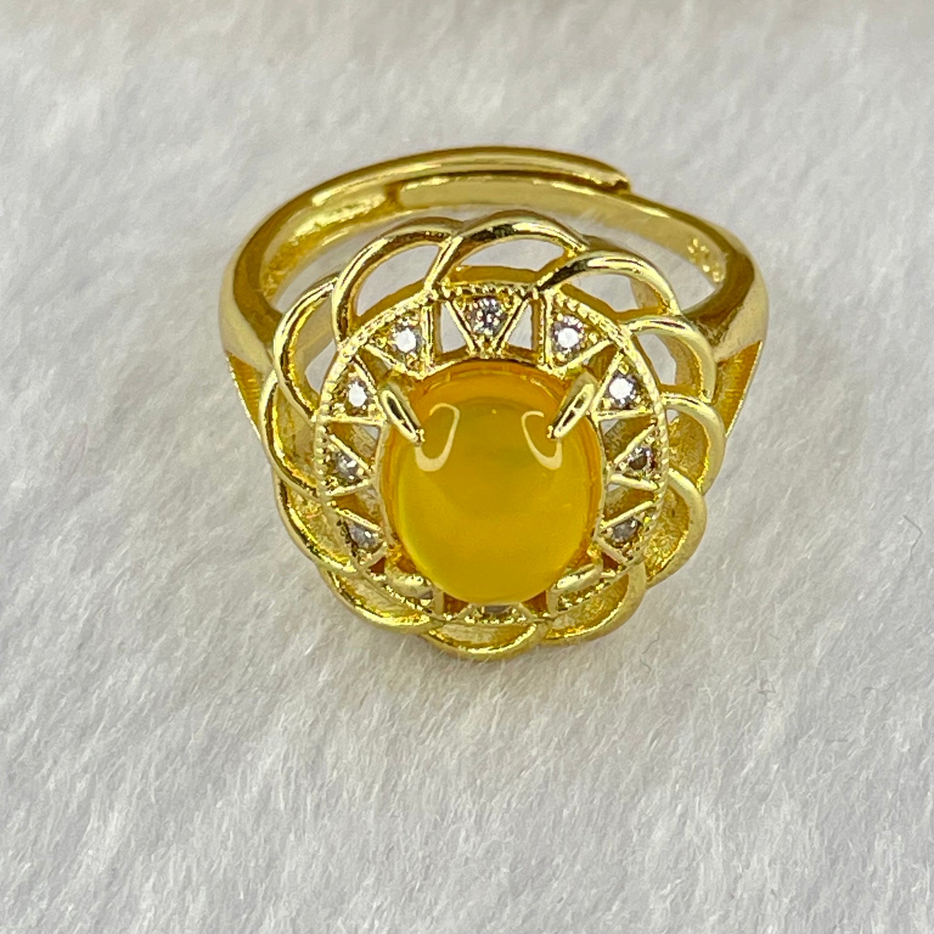 Natural Golden Yellow Butterscotch Amber With Crystals in S925 Sliver Gold Color Ring (Adjustable Size) 3.63g 8.7 by 7.4 by 4.0mm - Huangs Jadeite and Jewelry Pte Ltd
