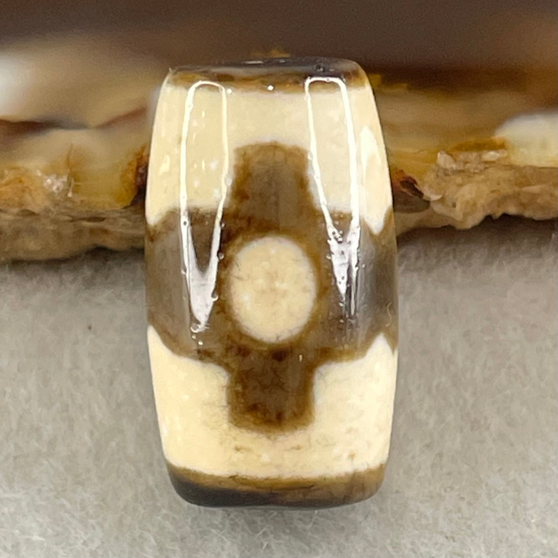 Natural Powerful Tibetan Old Oily Agate 3 Eyes Dzi Bead Heavenly Master (Tian Zhu) 三眼天诛 3.66g 18.7 by 10.7mm - Huangs Jadeite and Jewelry Pte Ltd