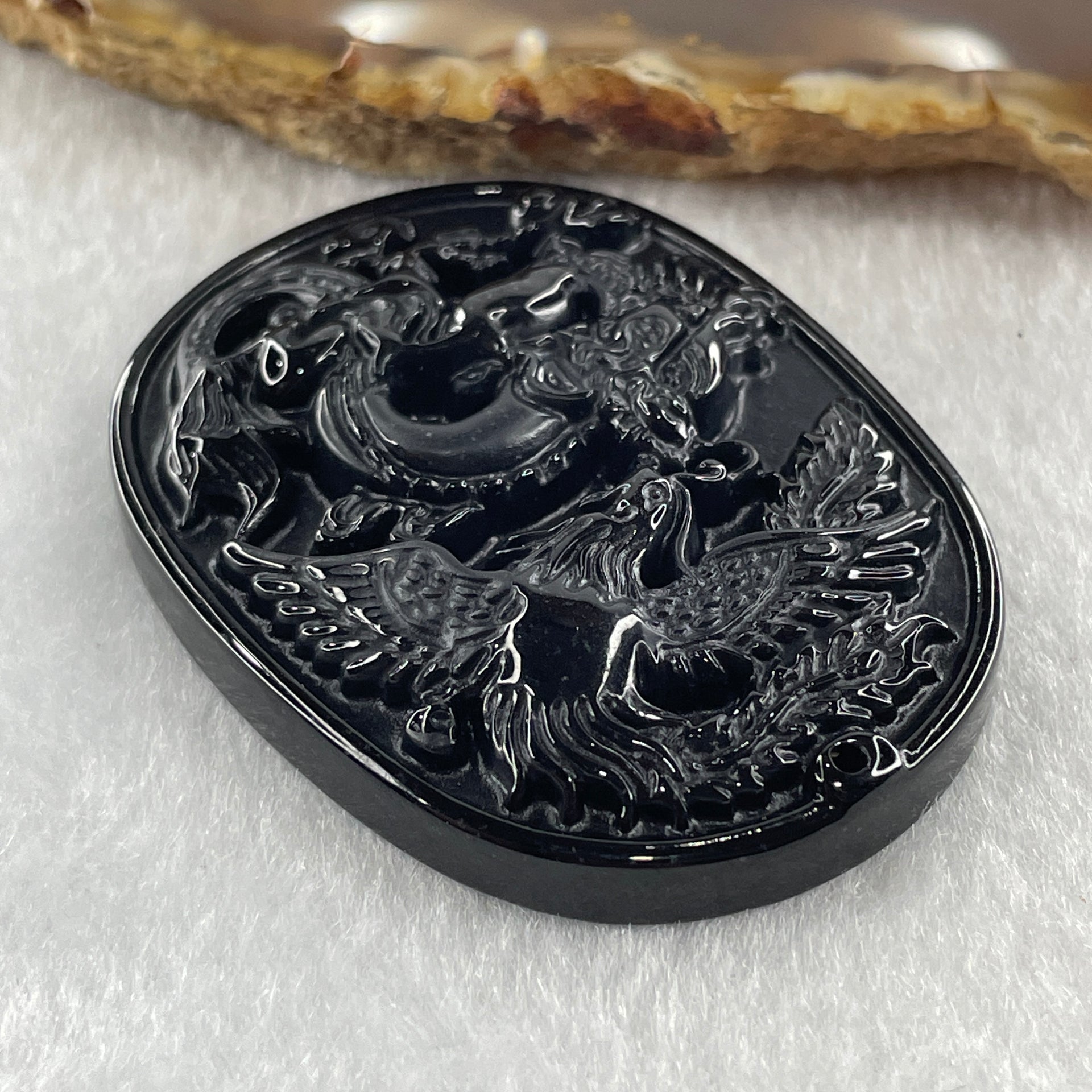 Type A Opaque to Partial Translucent Black Omphacite Jadeite Dragon and Phoenix Pendant 20.96g 50.2 by 38.3 by 8.4mm - Huangs Jadeite and Jewelry Pte Ltd