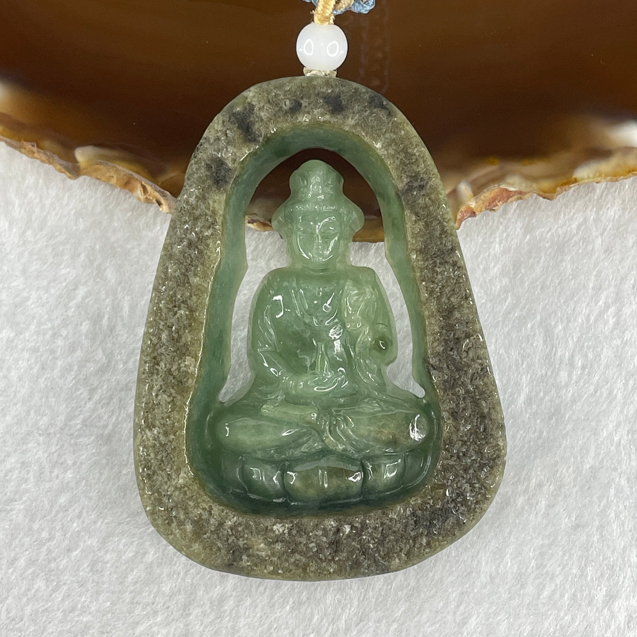 Natural Type A Light Blueish Green with Brown Skin Jadeite Mahasthamaprapta Bodhisattva Guan Yin Pendant 48.68g 63.0 by 46.8 by 10.0mm