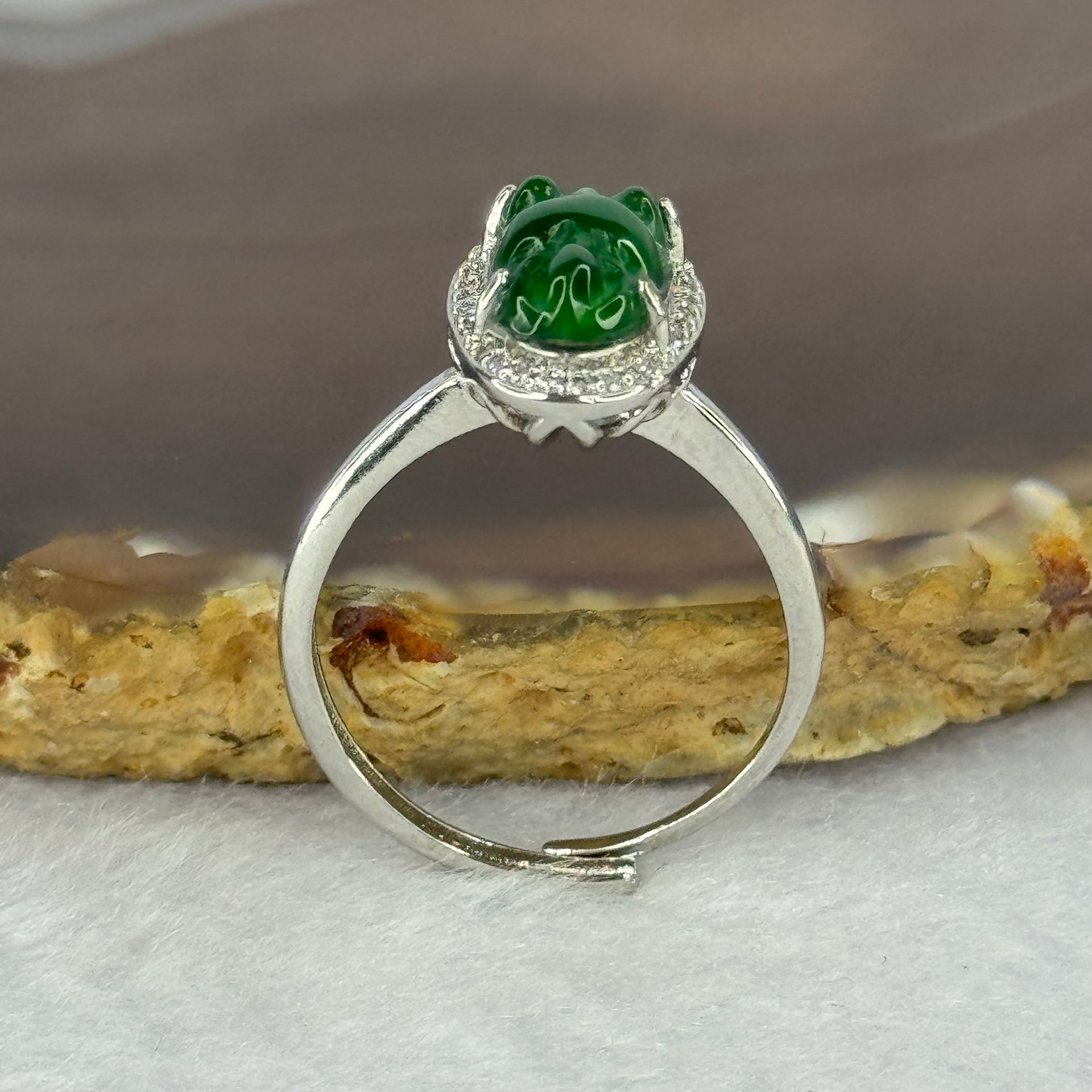 Type A Icy Green Omphasite Jadeite Gold Fish with Crystals in S925 Sliver Ring (Adjustable Size) 2.55g 10.7 by 7.1 by 3.0mm - Huangs Jadeite and Jewelry Pte Ltd