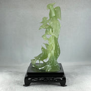 Natural Green Serpentine Phoenix with Double Magpies Birds on Tree with Wooden Stand Display 770.6g 155.0 by 125.0 by 230.0mm - Huangs Jadeite and Jewelry Pte Ltd