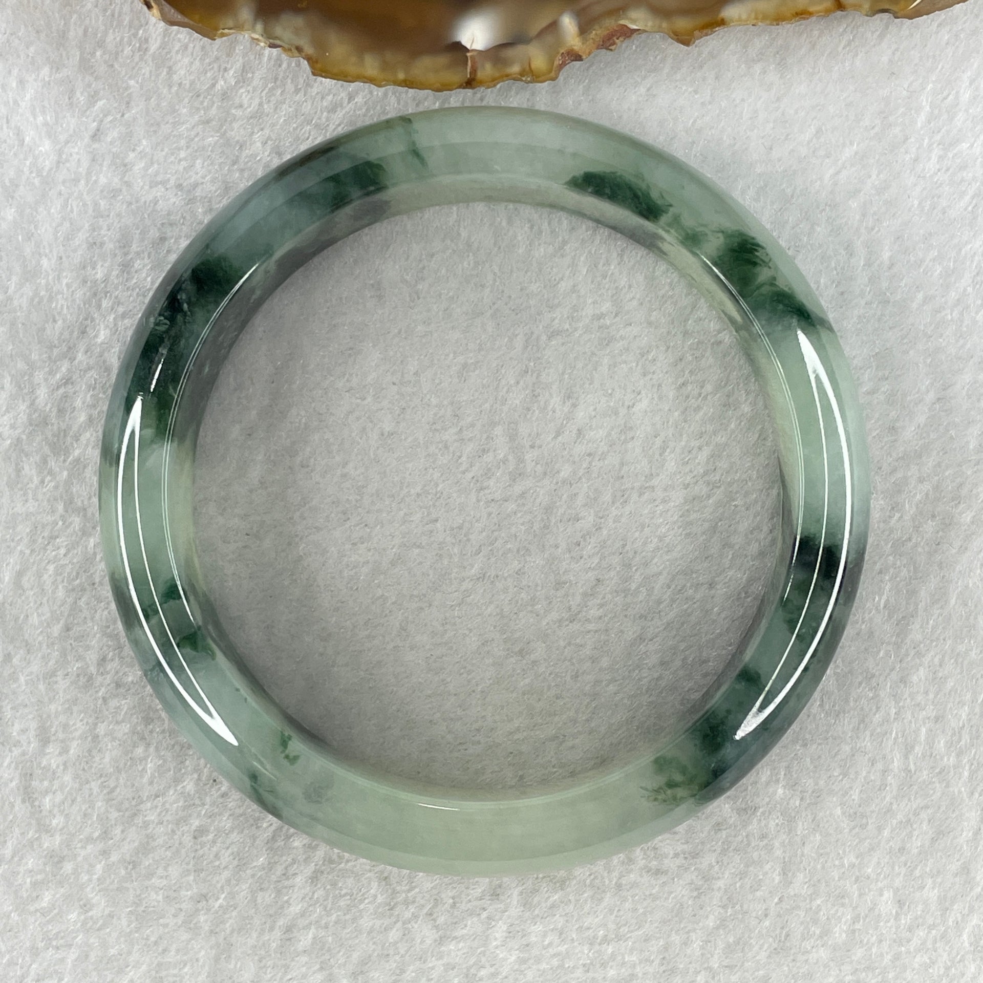 Certified Type A Natural Jelly Light Green with Dark Green Piao Hua Jadeite Bangle 65.93g Inner Diameter 58.6mm 14.9 by 8.0mm (Very Very Slight Internal Line) - Huangs Jadeite and Jewelry Pte Ltd