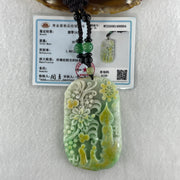 Natural Type A Blueish Green with Yellow Jadeite Buddha and Flowers with People Seeking for Enlightenment Pendant 87.75g 72.8 by 45.7 by 11.8mm - Huangs Jadeite and Jewelry Pte Ltd