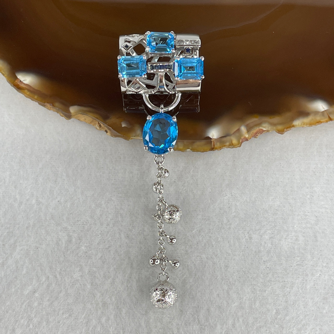 Natural Swiss Blue Topaz Convertible Pendant or Scarf Ring in S925 Sterling Silver | Multi-Wear Statement Jewelry (15.74g | 11.9 by 9.8 by 6.0mm 1 Bead - 7.8 by 6.0 by 3.0mm 3 Pcs )