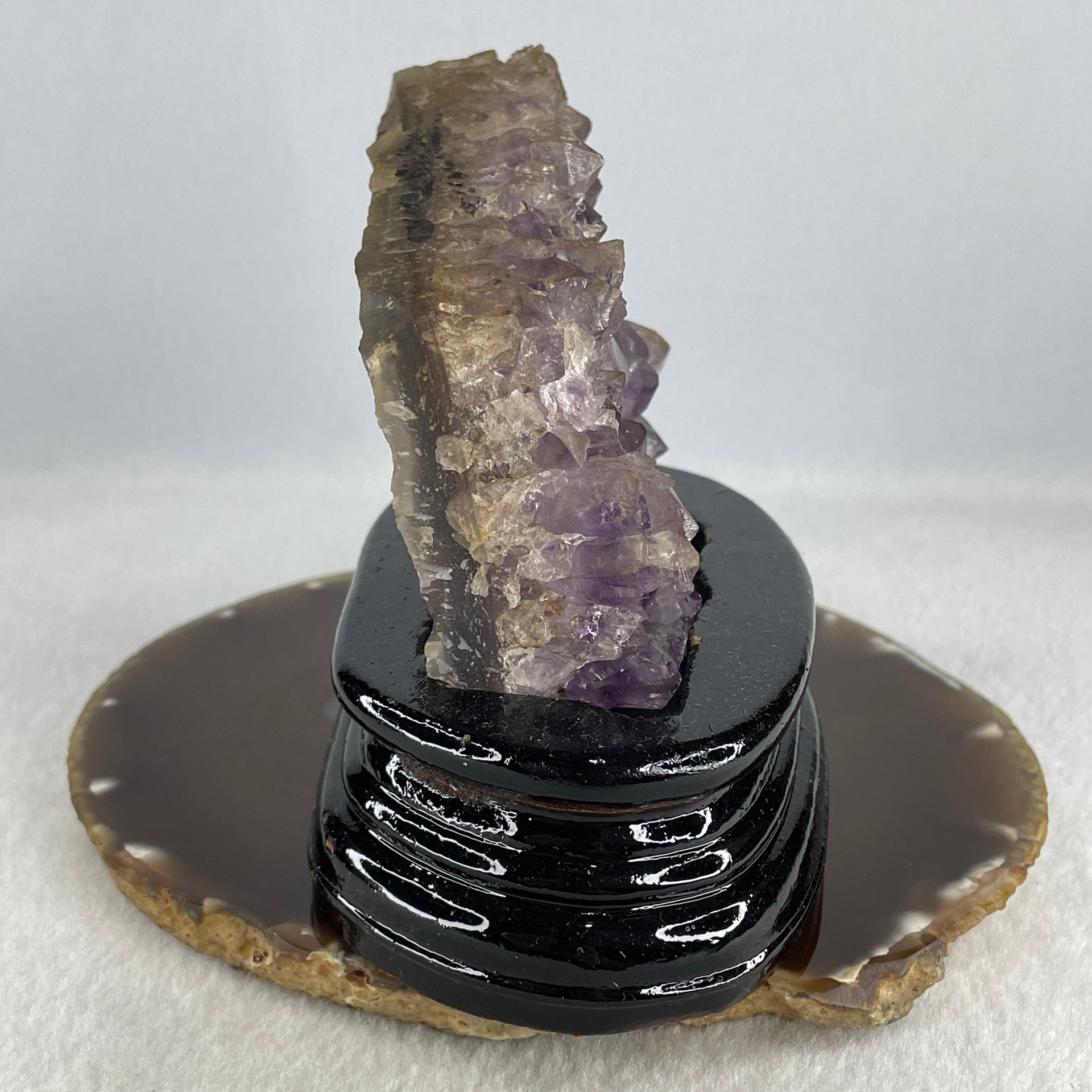 Natural Amethyst Crystal Cluster Display with Wooden Stand 520.8g 124.8 by 76.9 by 110.0mm - Huangs Jadeite and Jewelry Pte Ltd