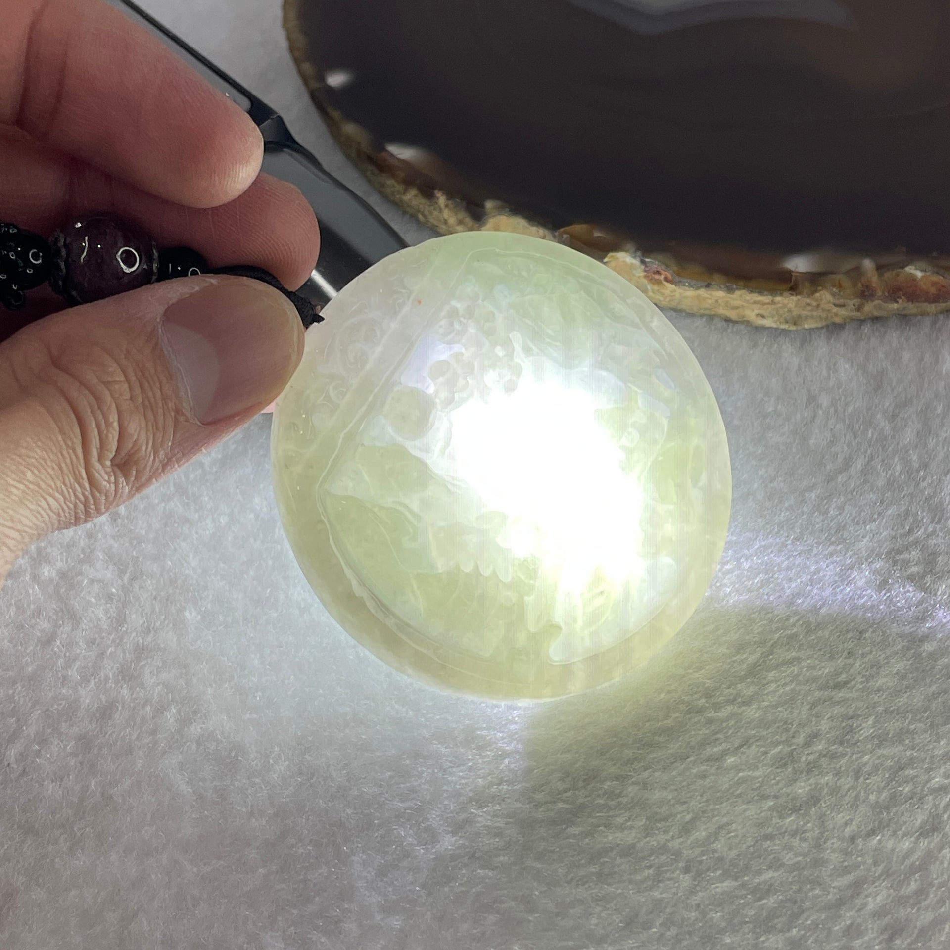 Natural Type A Light Green with Faint Lavender Jadeite Shan Shui with Guiren Benefactor Pendant 56.64g 54.1 by 9.2mm - Huangs Jadeite and Jewelry Pte Ltd