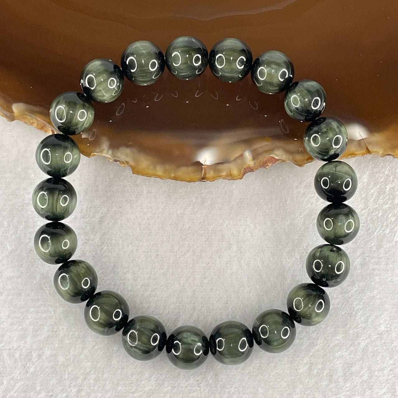 Very Very Good Grade Natural Green Rutilated Cat Eyes Quartz with Actinolite Yang Qi Shi Beads Bracelet 23.14g 15.5cm 9.3mm 21 Beads