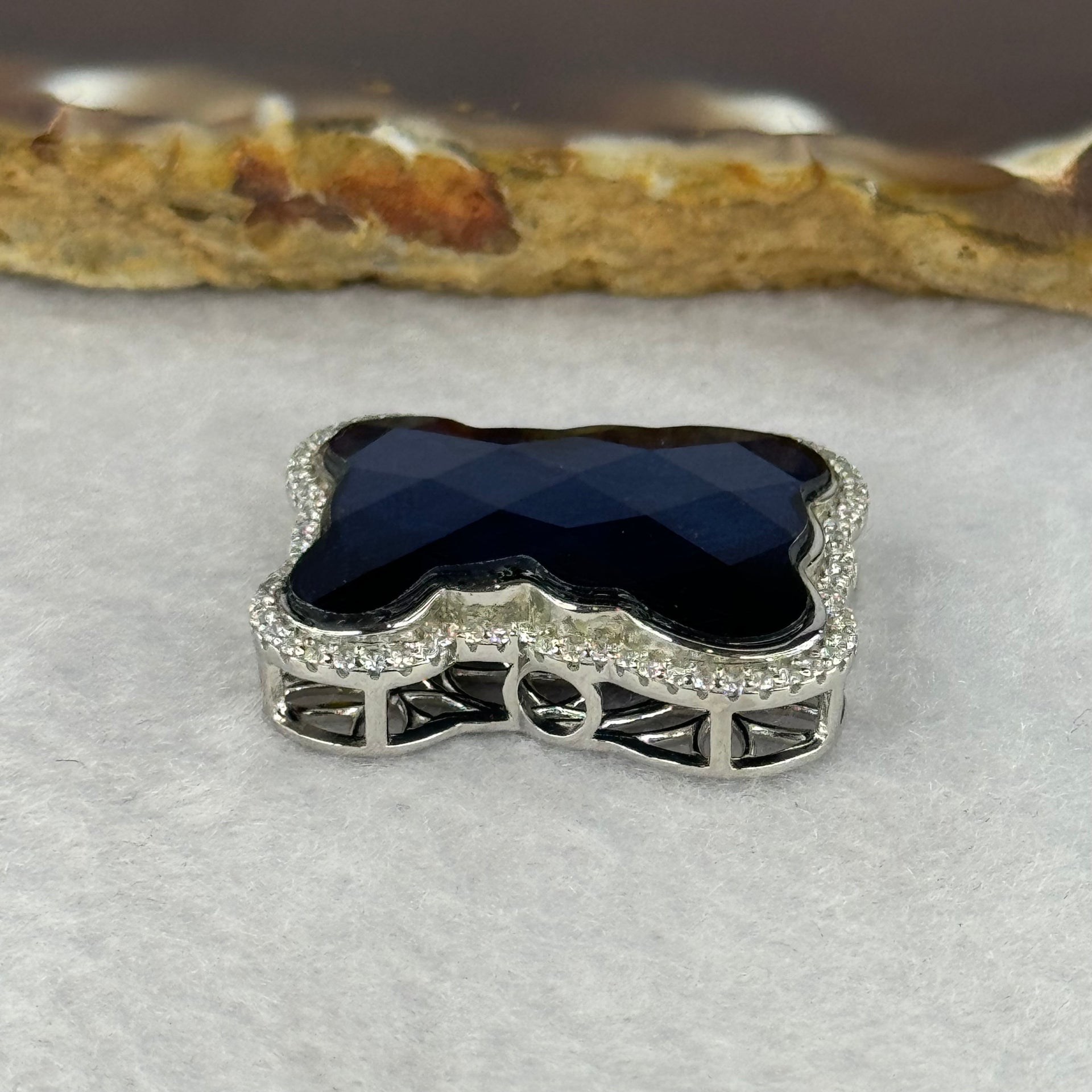Natural Meteorite Bear Charm in S925 Silver with Crystals For Necklace / Bracelet (Blue Color) 7.24g 26.1 by 21.3 by 8.5mm - Huangs Jadeite and Jewelry Pte Ltd