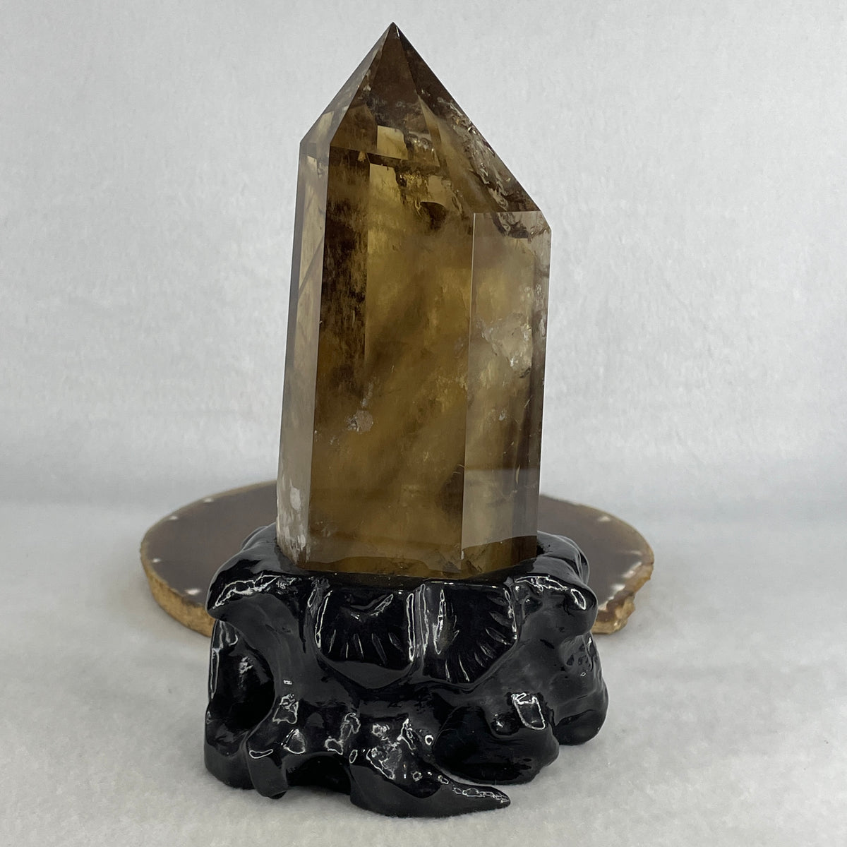 High Grade Natural Smoky Quartz Tower Display with Custom Wooden Stand | (666.5g | 95.5x83.0x175.0mm | Anchor, Stress Dissolver, Executive Composure & Feng Shui Protection Shield)