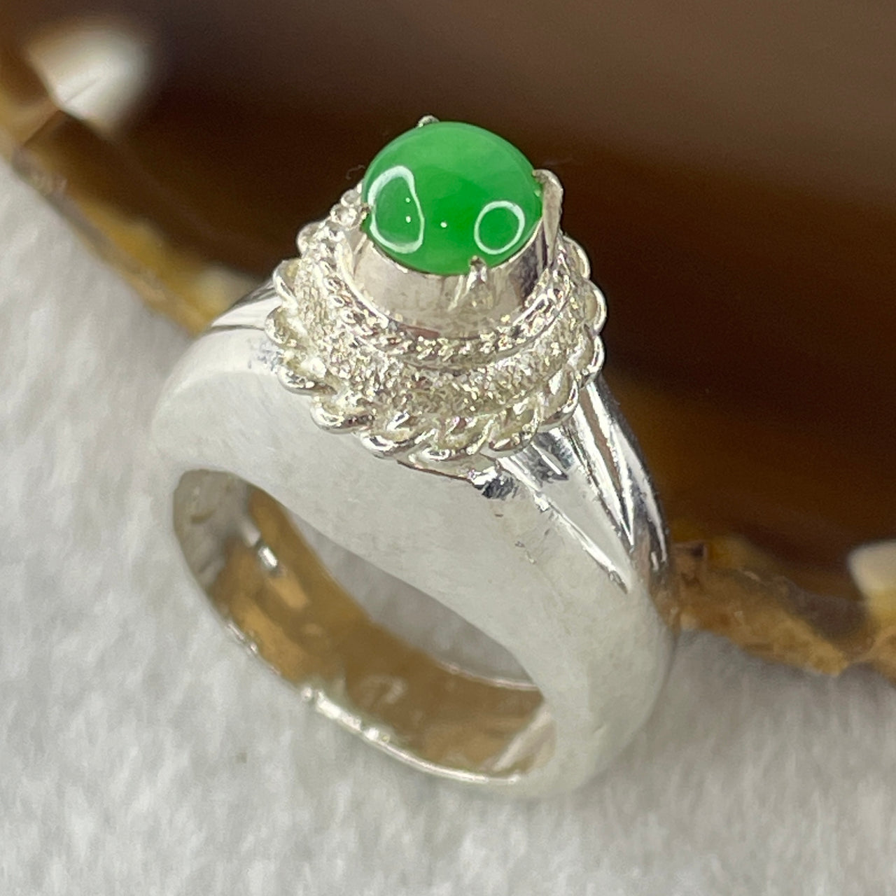 Type A Natural Apple Green Jadeite Cabochon 5.9 by 5.9 by 1.8mm Stone for Setting 9.18g (On Silver Ring Mold) US 6.3 HK 13.8 - Huangs Jadeite and Jewelry Pte Ltd