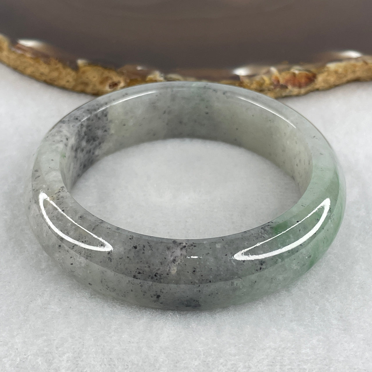 Certified Type A Light Wuji Grey with Green Patches Jadeite Bangle | Untreated Ink & Emerald Fei Cui Broad Bangle (71.14g | Inner Diameter 52.3mm | 15.0 x 9.0mm) (Very Very Slight Internal Line)