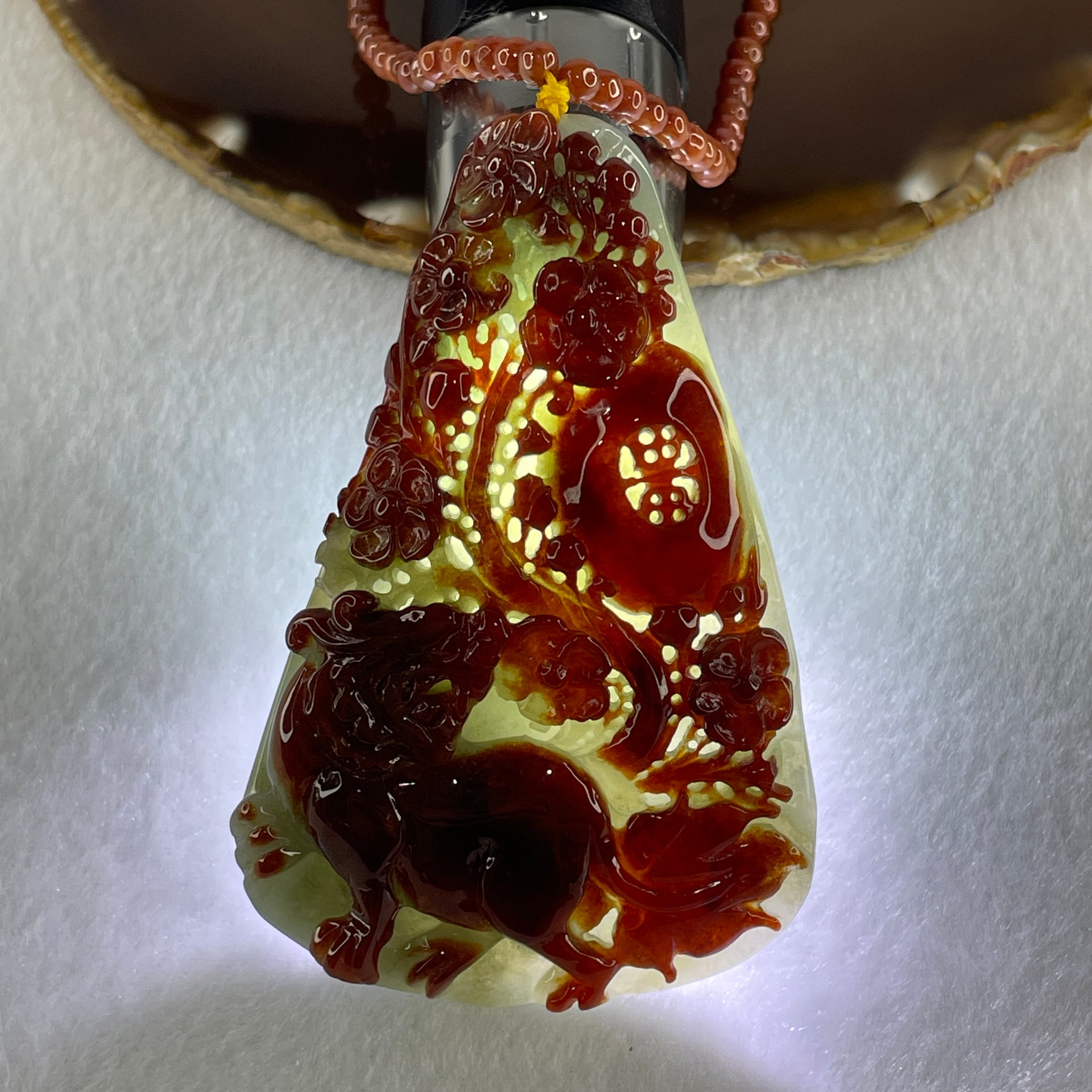Grand Master Type A Brownish Red with Green Jadeite Tiger with Flower Double Side Pendant 117.50g 84.0 by 54.6 by 16.9mm - Huangs Jadeite and Jewelry Pte Ltd