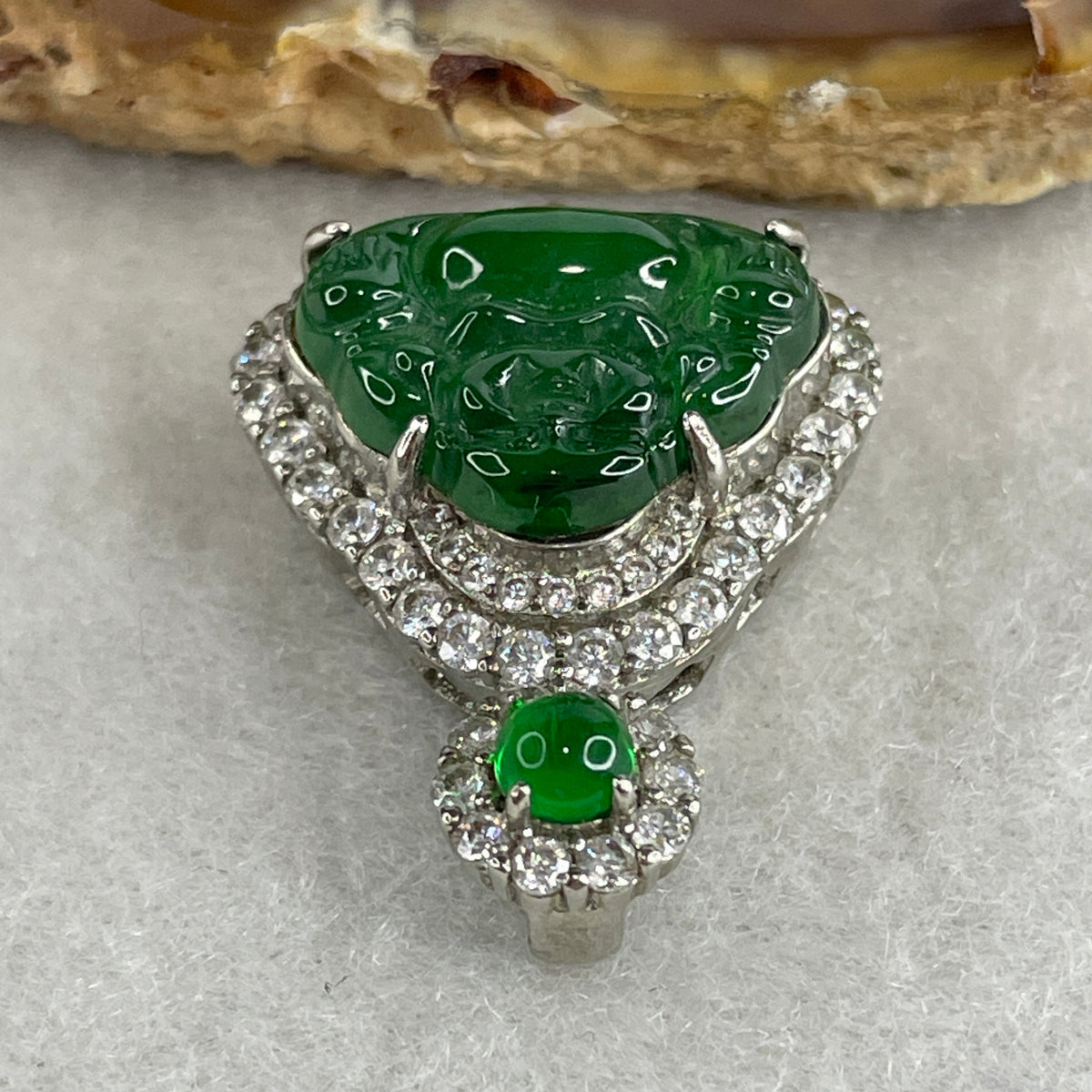Natural Type A Omphacite Spicy Green Jadeite Milo Buddha Pendant in S925 Silver | (4.47g | 12.5 x 16.5 x 3.0mm | Power Catalyst, Laughing Buddha Joy & Fortune Anchor, Feng Shui Harmony & Abundance Pendant) - Huangs Jadeite and Jewelry Pte Ltd