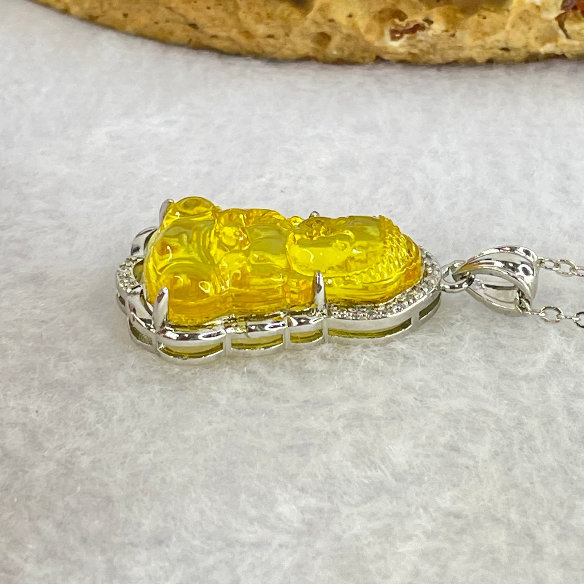 Natural Yellow Amber Buddha Pendent in S925 Sliver Necklace 4.43g 23.0 by 14.1 by 4.0mm - Huangs Jadeite and Jewelry Pte Ltd