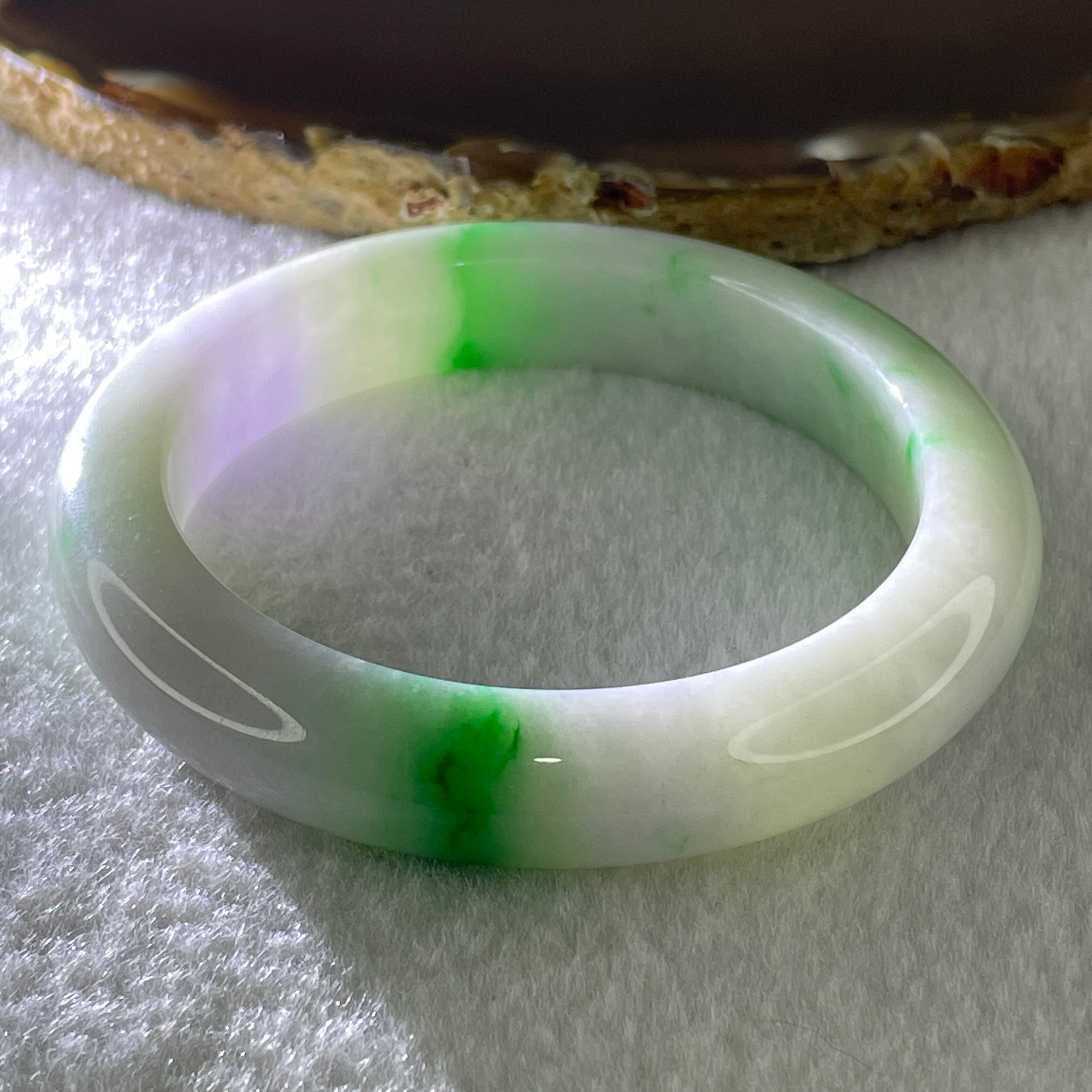 Rare Type A Natural Light Green with Lavender and Imperial Green Patches Jadeite Bangle 53.15g Inner Diameter 52.8mm 11.3 by 9.2mm (Internal Lines) - Huangs Jadeite and Jewelry Pte Ltd
