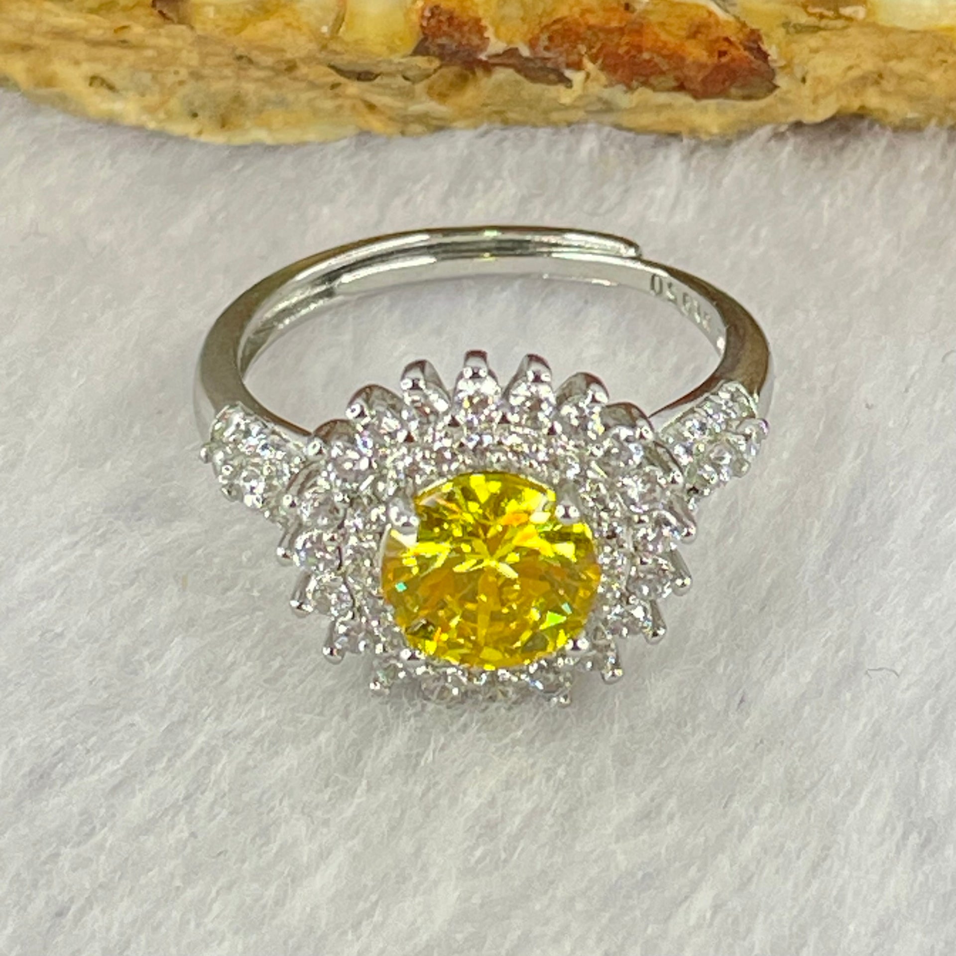 Yellow Cubic Zirconia with Crystals in PT950 Plated Sliver Ring 2.75g 7.5 by 3.5mm - Huangs Jadeite and Jewelry Pte Ltd