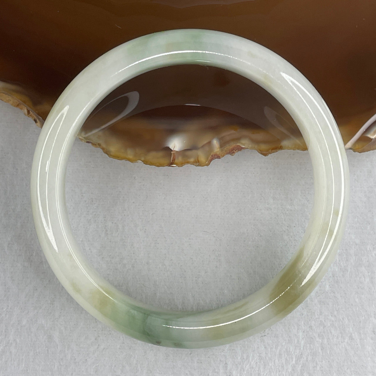 Natural Type A Jelly Multicolor Jadeite Bangle | 53.9mm Luminous White with Blueish-Green & Brown "Piao Hua" Flora | "Perfect" Grade Premium Translucent "Fei Cui" Round Wrist Heirloom (47.13g 12.4x7.6mm)