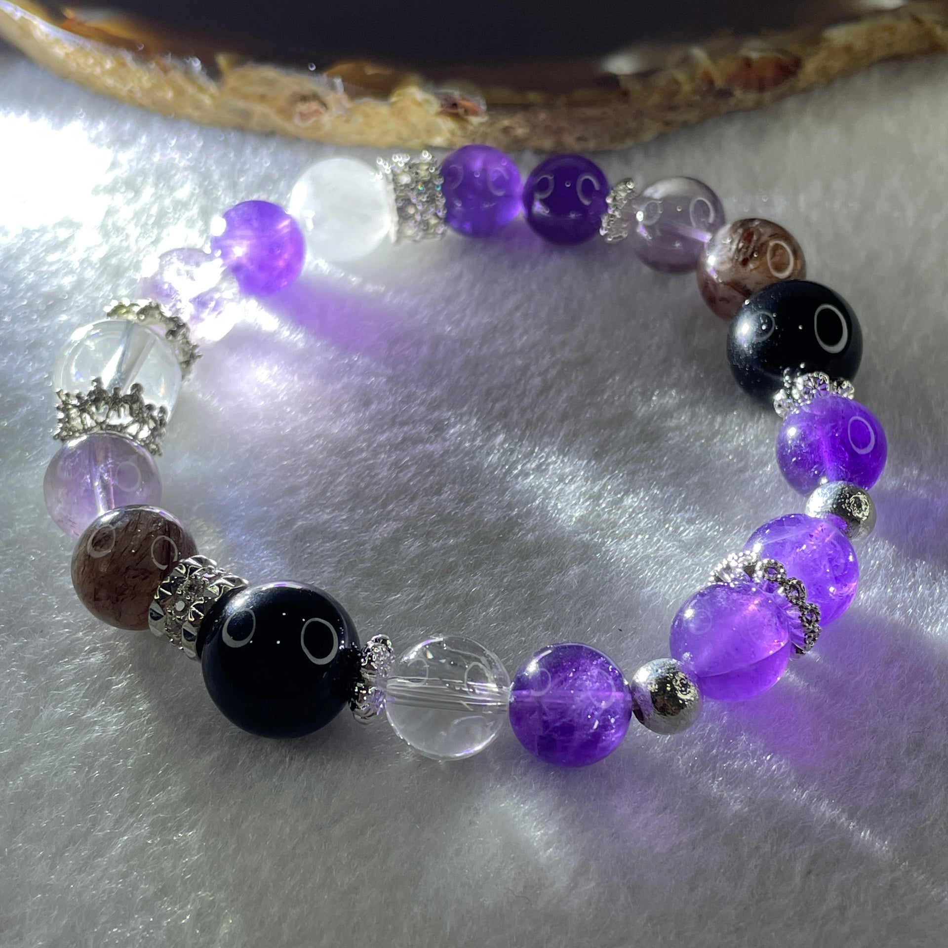 Natural Amethyst with Clear Quartz, Onyx, Copper Rutilated Beads with Charms Bracelet 32.57g 17cm 9.8mm-12Beads 12.7mm-4Beads - Huangs Jadeite and Jewelry Pte Ltd