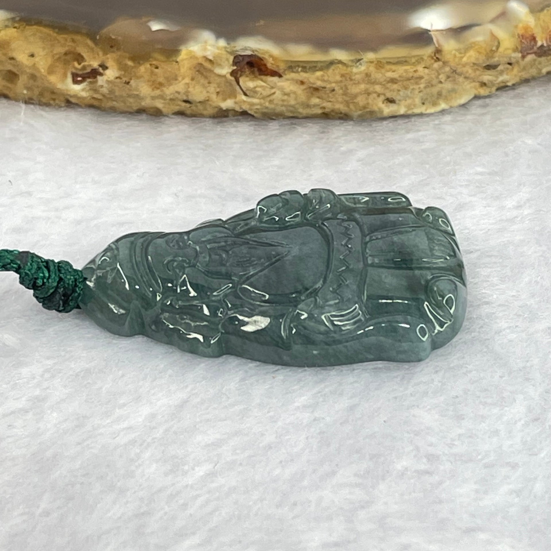 Type A Dark Blueish Green Jadeite Cai Shen Ye God of Fortune Pendant 8.37g 34.2 by 21.6 by 5.0mm - Huangs Jadeite and Jewelry Pte Ltd