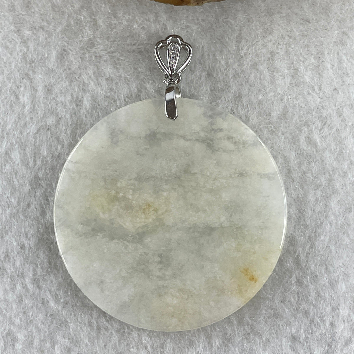 Natural Type A Semi-Icy White & Brownish Jadeite Round Wu Shi Pai Pendant in S925 Silver | Peace Plaque & Protection (10.44g | 46.2 x 3.0mm) - Huangs Jadeite and Jewelry Pte Ltd