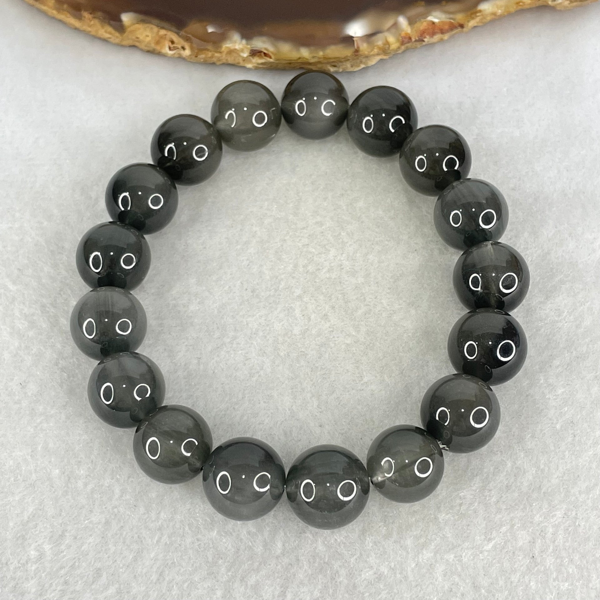 Good Grade Natural Grey Rabbit Hair Rutilated Quartz Beads Bracelet 47.04g 18cm 12.8mm 17 Beads - Huangs Jadeite and Jewelry Pte Ltd