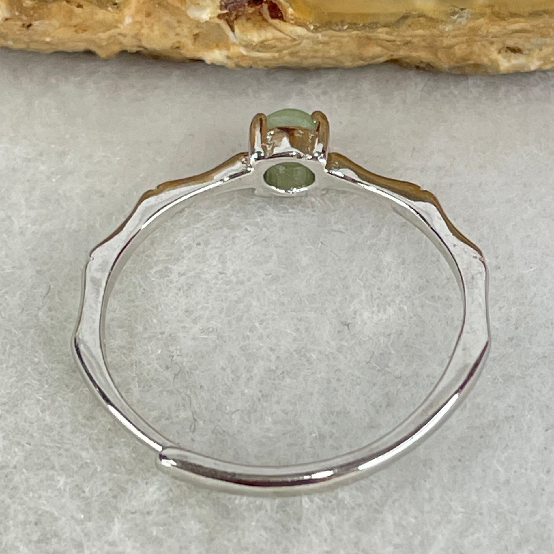 Type A Apple Green Cabochon Jadeite in S925 Sliver Bamboo Ring (Adjustable Size) 1.07g 3.8 by 2.5mm - Huangs Jadeite and Jewelry Pte Ltd