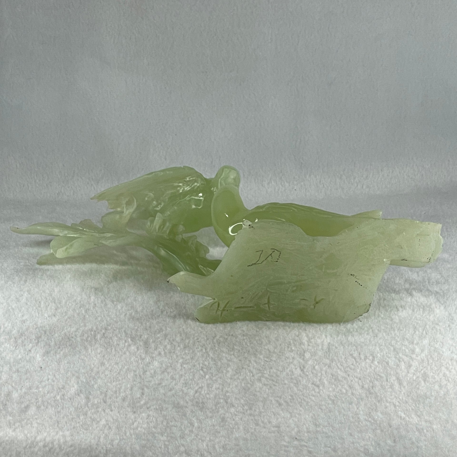 Natural Green Serpentine Twin Magpie Birds on Tree with Wooden Stand Display 453.4g 230.0 by 196.0 by 79.0mm - Huangs Jadeite and Jewelry Pte Ltd