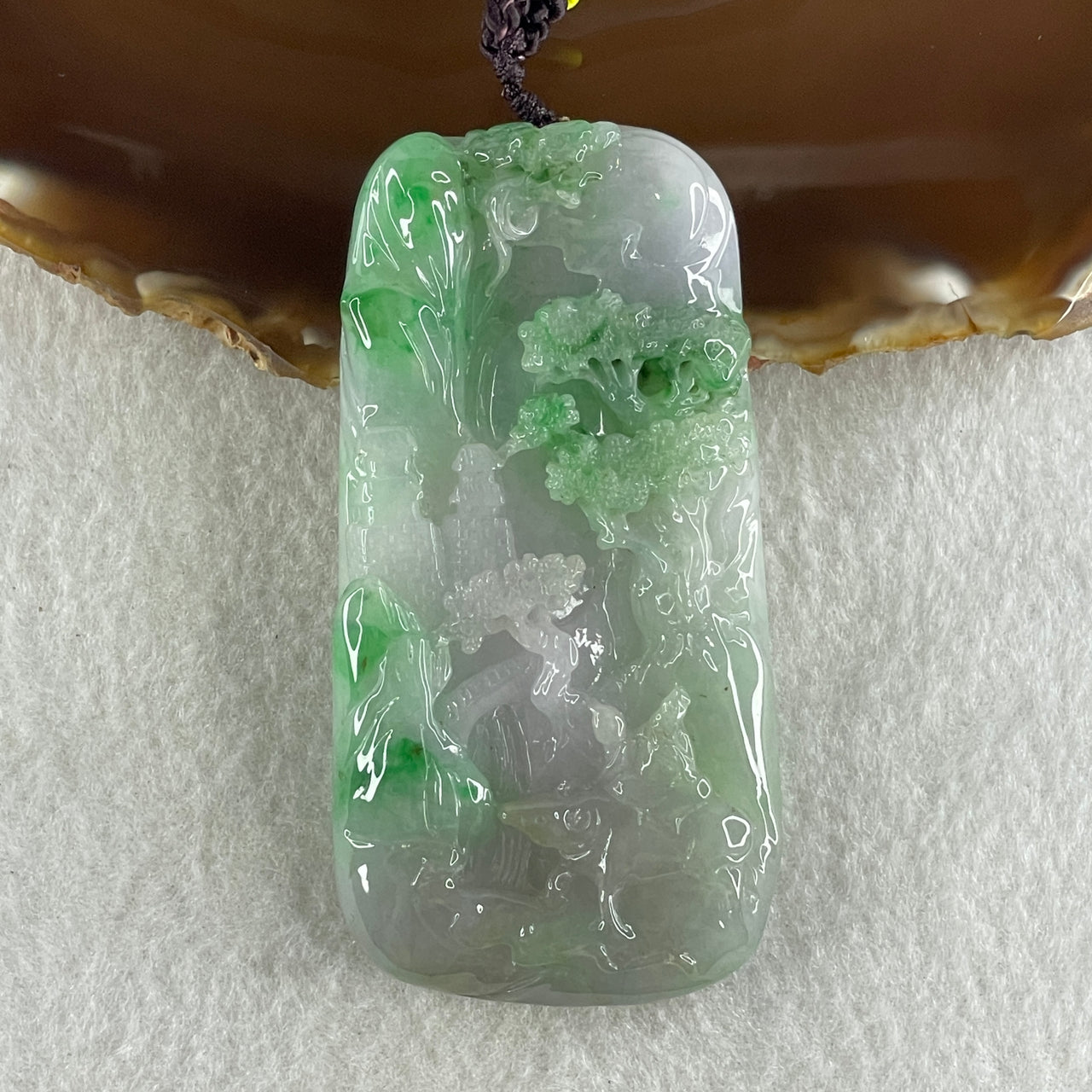 Type A Jelly Lavender and Spicy Green Piao Hua Jadeite Shan Shui and Benefactor 87.19g 79.4 by 40.7 by 11.7mm