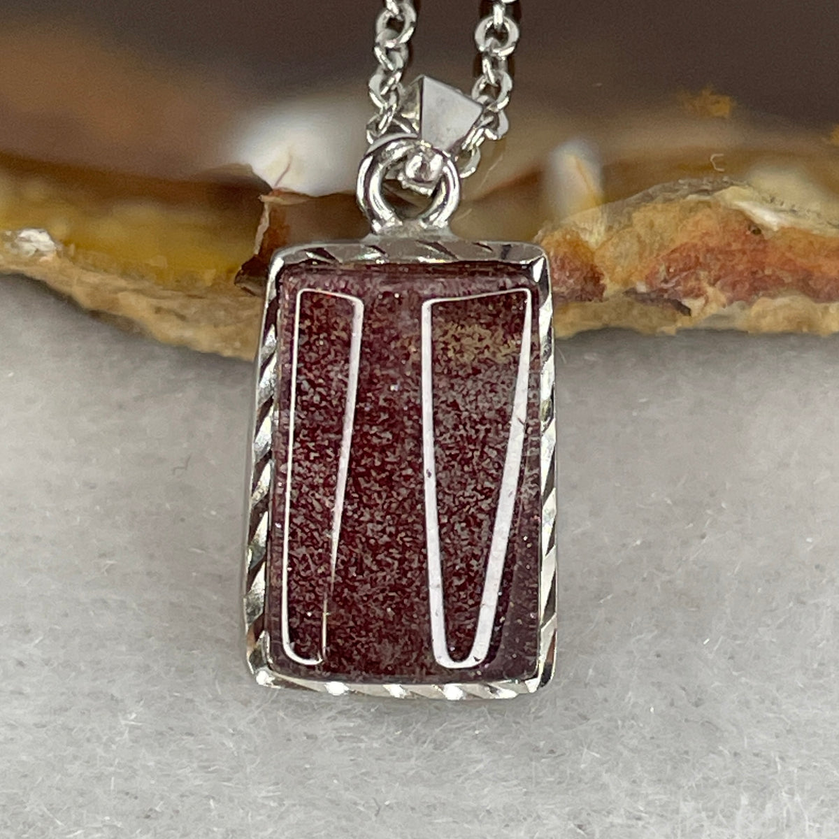 Very Good Grade Natural Strawberry Quartz Super 7 Crystal Rectangular Pendant | S925 Sterling Silver Clasp Necklace (3.02g | 40–44cm Adjustable Length | 12.8 × 8.4 × 4.8mm)