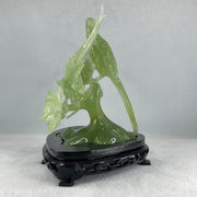 Natural Semi Icy Green Serpentine 3 Phoenix on Tree with Wooden Stand Display 705.1g 242.0 by 140.0 by 195.0mm - Huangs Jadeite and Jewelry Pte Ltd