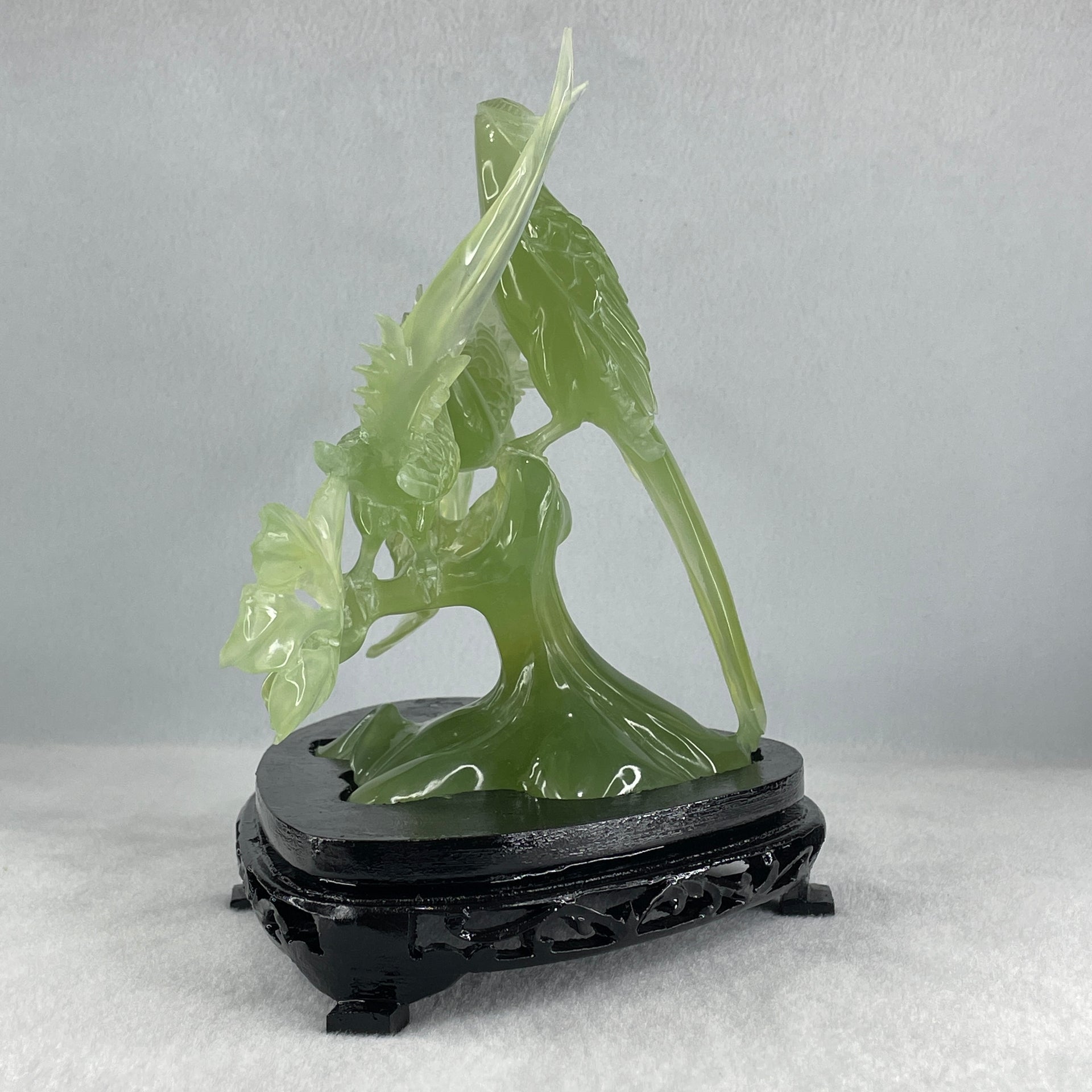 Natural Semi Icy Green Serpentine 3 Phoenix on Tree with Wooden Stand Display 705.1g 242.0 by 140.0 by 195.0mm - Huangs Jadeite and Jewelry Pte Ltd