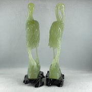 Natural Light Green Serpentine Pair of Cranes Bird with Wooden Stand Display 1,231.1g Each about 135.0 by 60.0 by 240.0mm - Huangs Jadeite and Jewelry Pte Ltd
